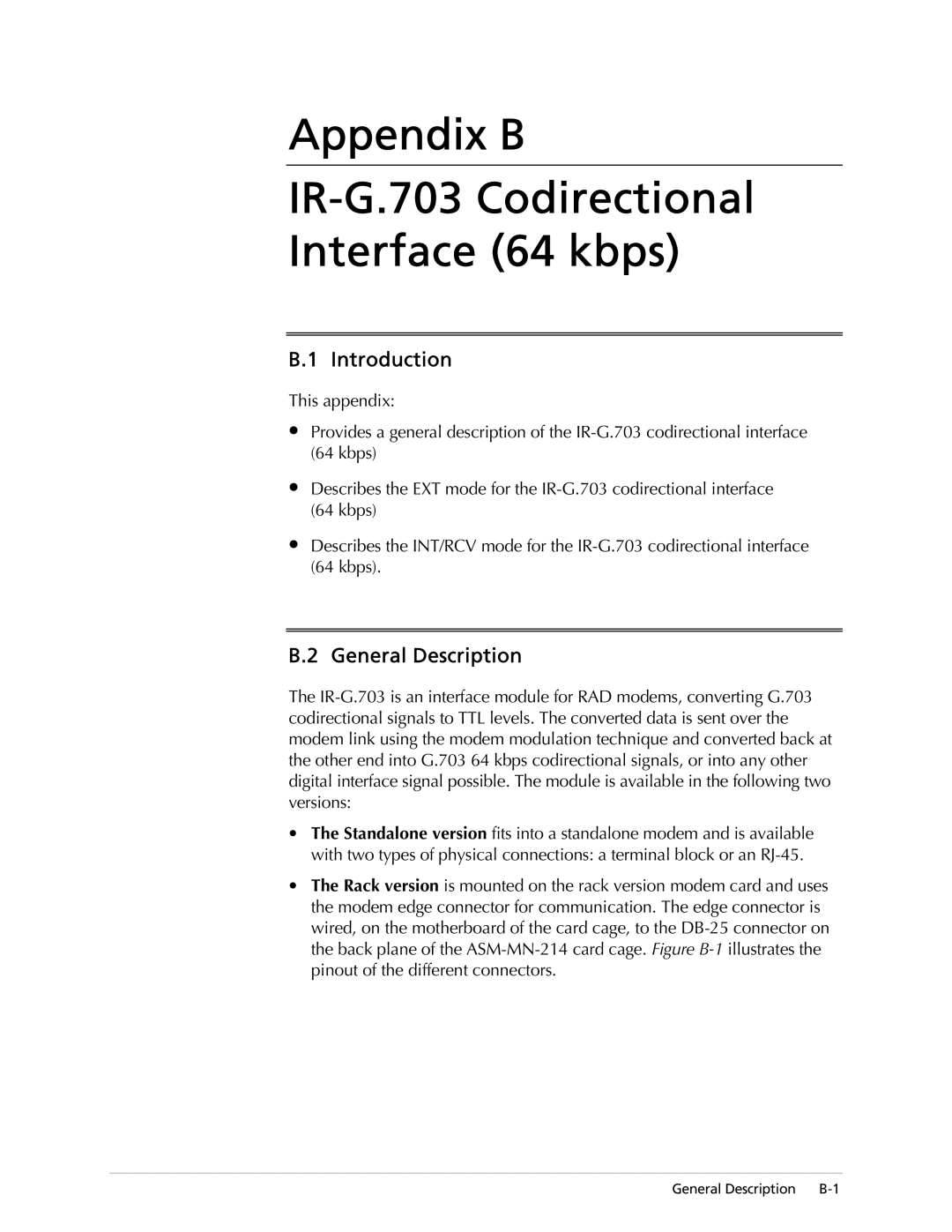 RAD Data comm ASM-20 operation manual Appendix B IR-G.703 Codirectional Interface 64 kbps, General Description 