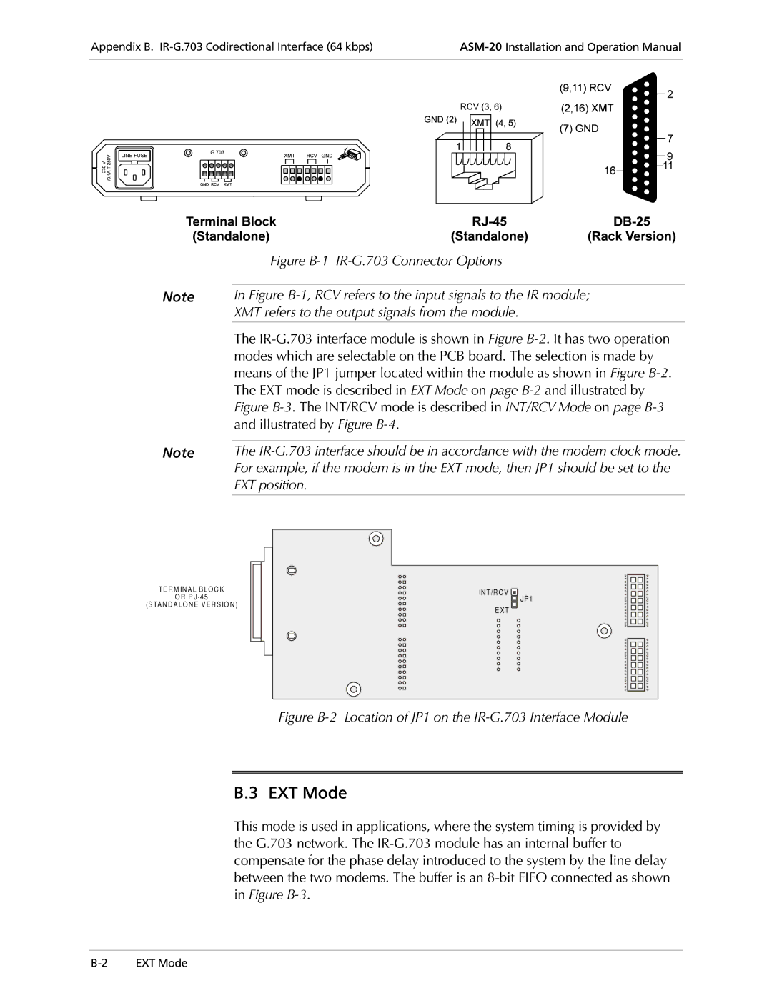 RAD Data comm ASM-20 operation manual EXT Mode, Figure B-2 Location of JP1 on the IR-G.703 Interface Module 