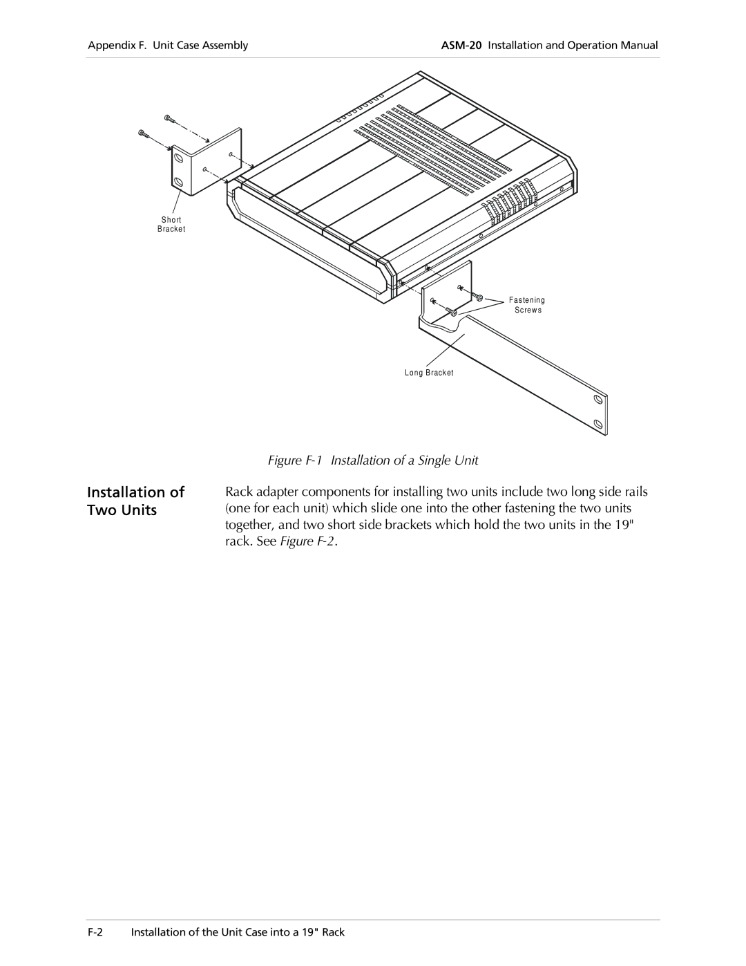 RAD Data comm ASM-20 operation manual Installation of Two Units, Figure F-1 Installation of a Single Unit 