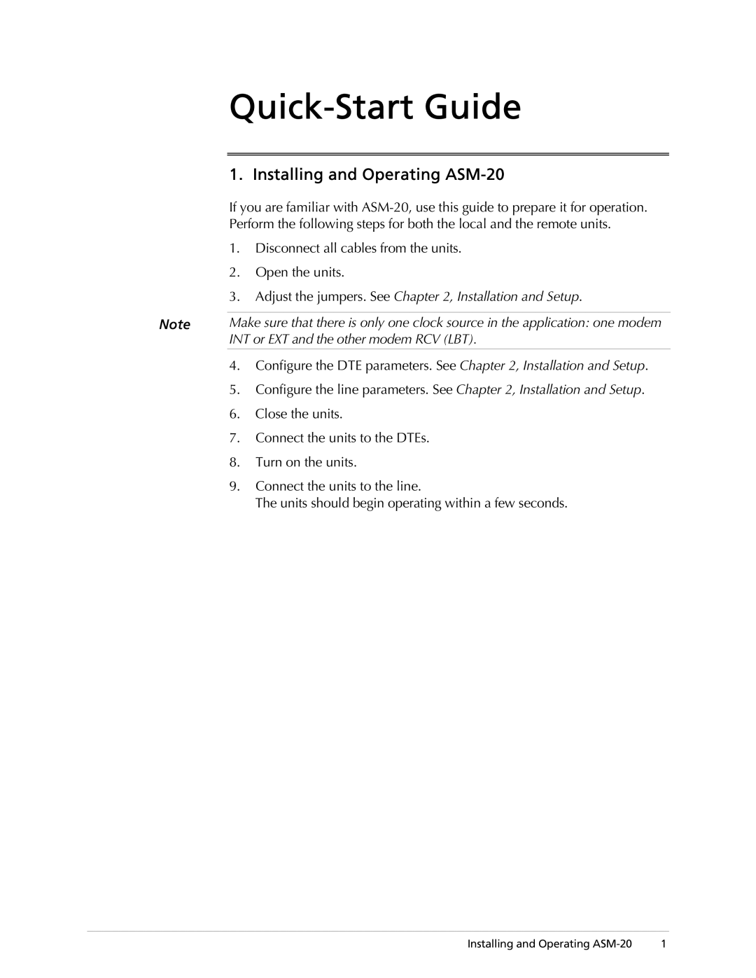 RAD Data comm Quick-Start Guide, Installing and Operating ASM-20, Adjust the jumpers. See , Installation and Setup 