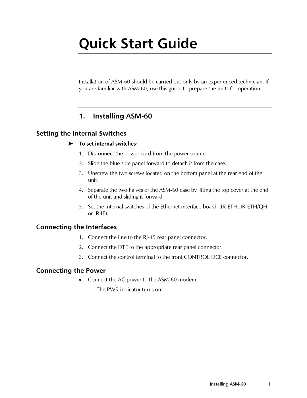 RAD Data comm Quick Start Guide, Installing ASM-60, Setting the Internal Switches, Connecting the Interfaces 