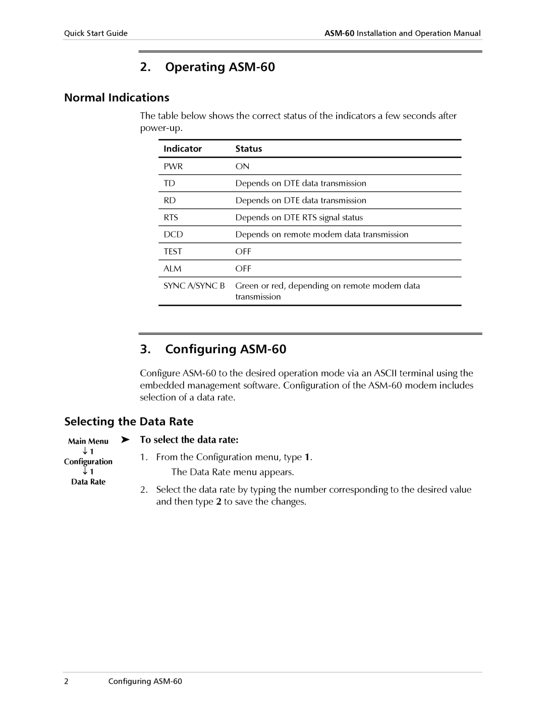 RAD Data comm operation manual Operating ASM-60, Configuring ASM-60, Normal Indications, Selecting the Data Rate 