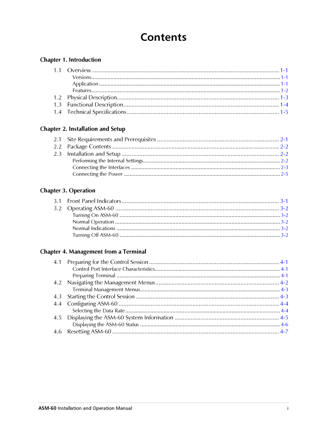 RAD Data comm ASM-60 operation manual Contents 