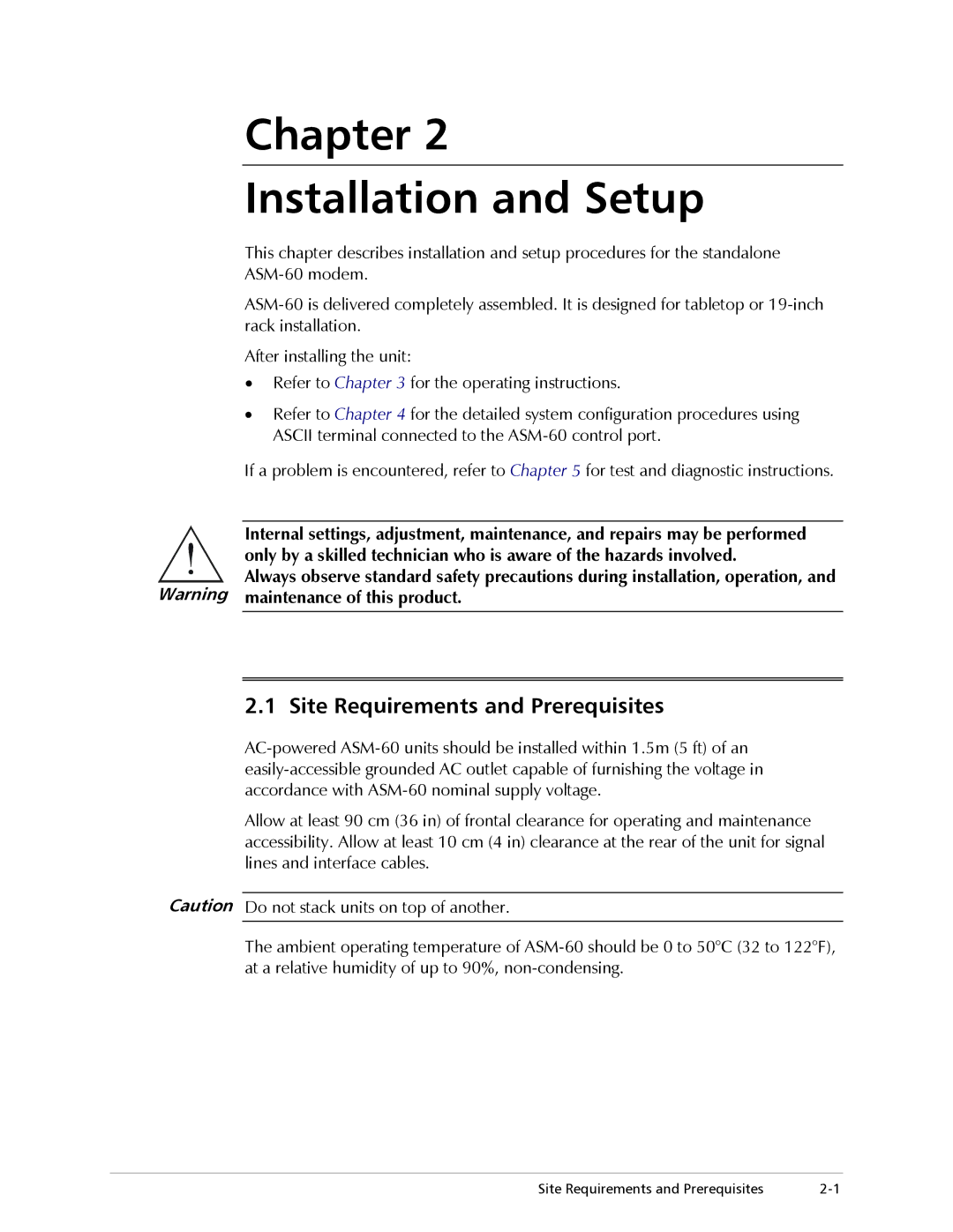 RAD Data comm ASM-60 operation manual Chapter Installation and Setup, Site Requirements and Prerequisites 