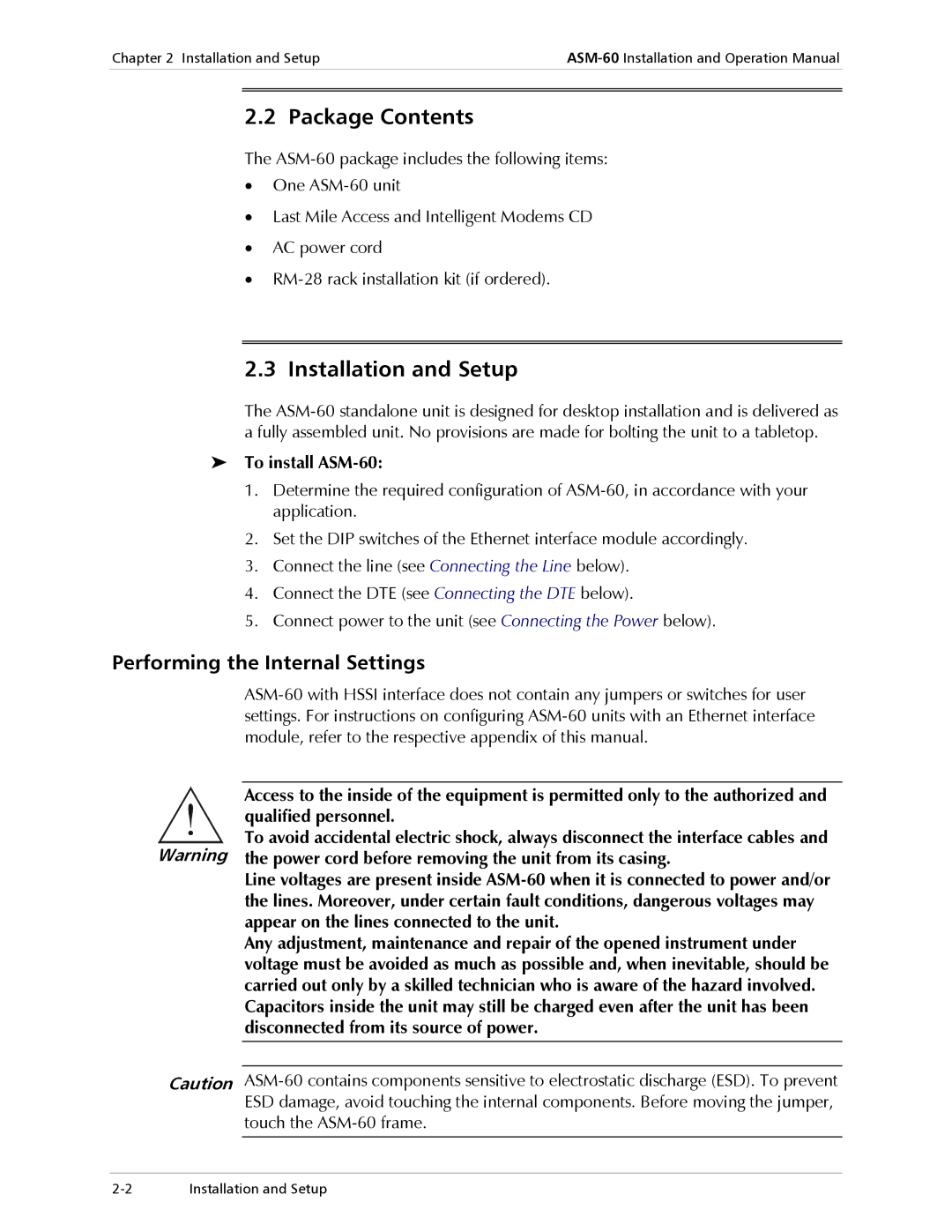 RAD Data comm ASM-60 operation manual Package Contents, Installation and Setup 