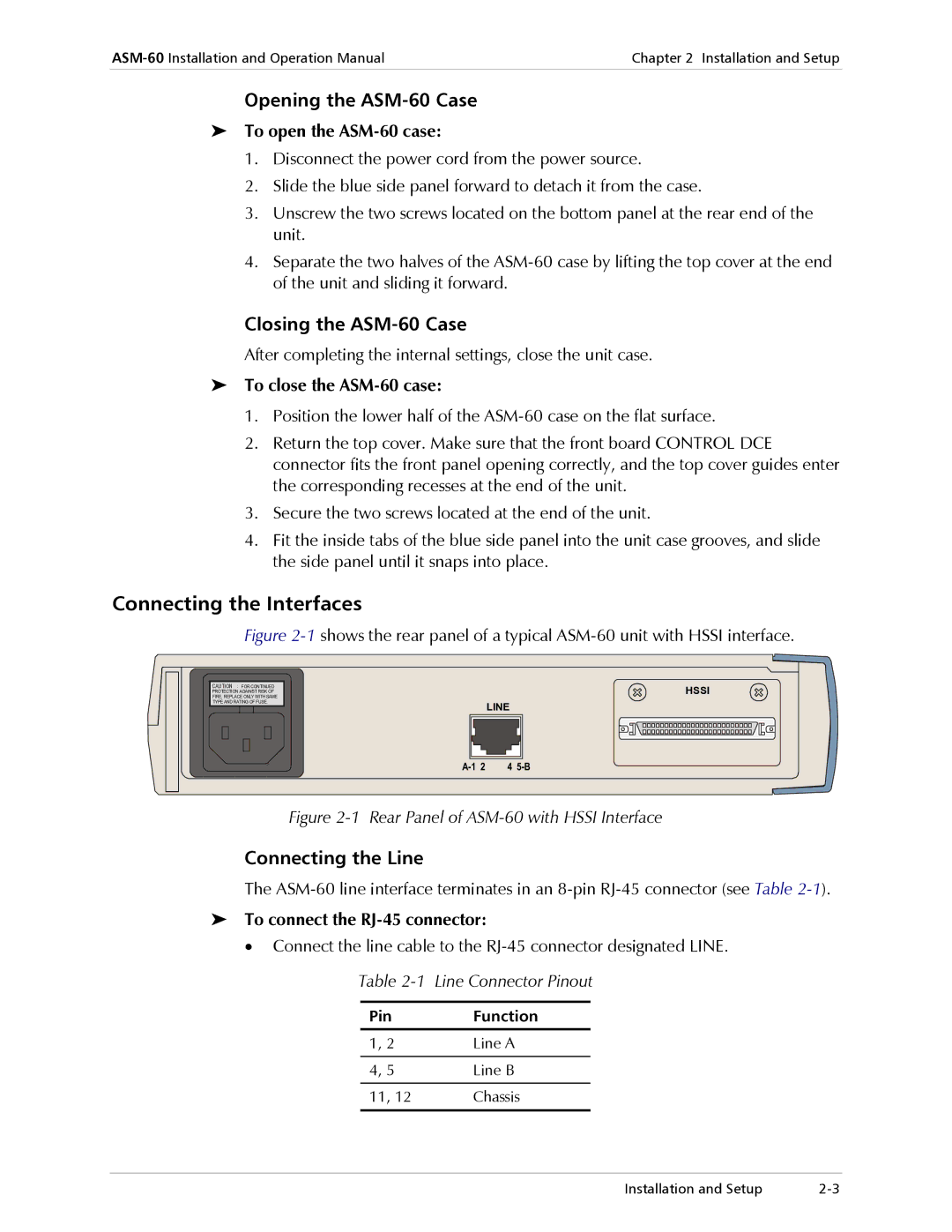 RAD Data comm operation manual Opening the ASM-60 Case, Closing the ASM-60 Case, Connecting the Line 