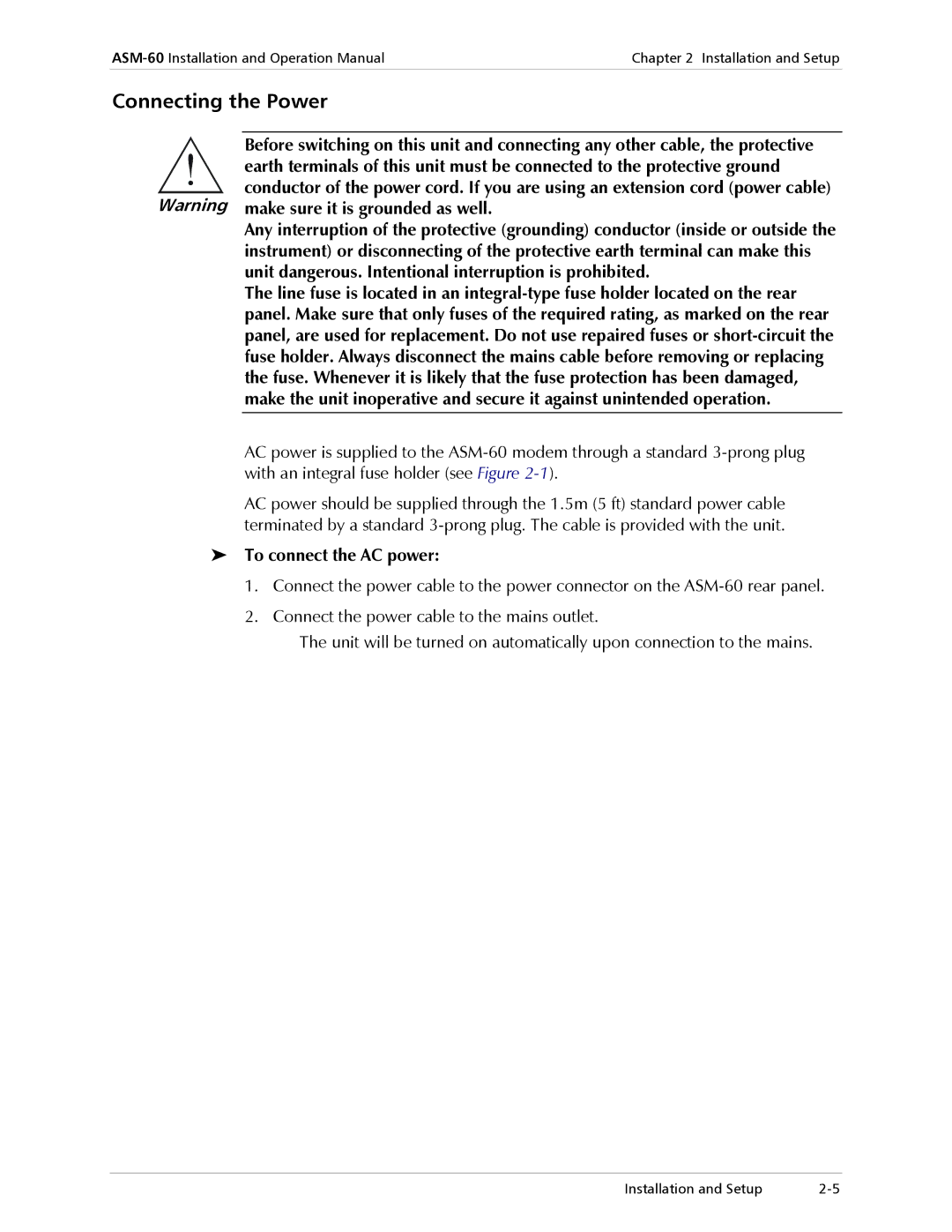 RAD Data comm ASM-60 operation manual Connecting the Power, To connect the AC power 