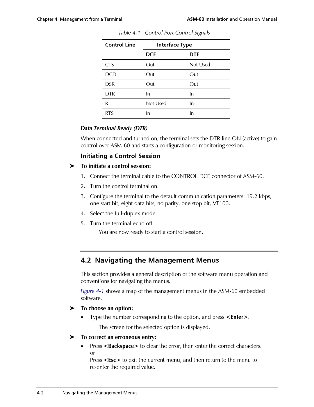 RAD Data comm ASM-60 Navigating the Management Menus, Initiating a Control Session, To initiate a control session 