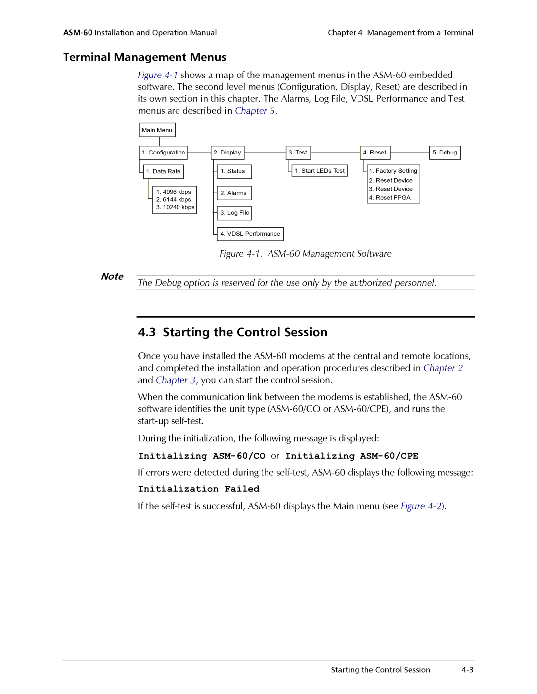 RAD Data comm ASM-60 operation manual Starting the Control Session, Terminal Management Menus 