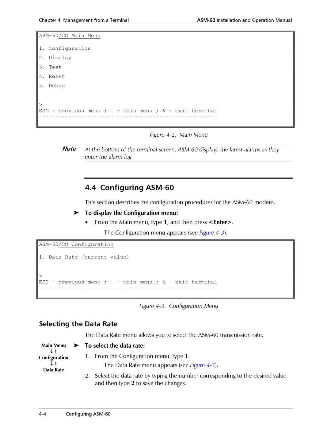 RAD Data comm ASM-60 operation manual Main Menu, To display the Configuration menu 