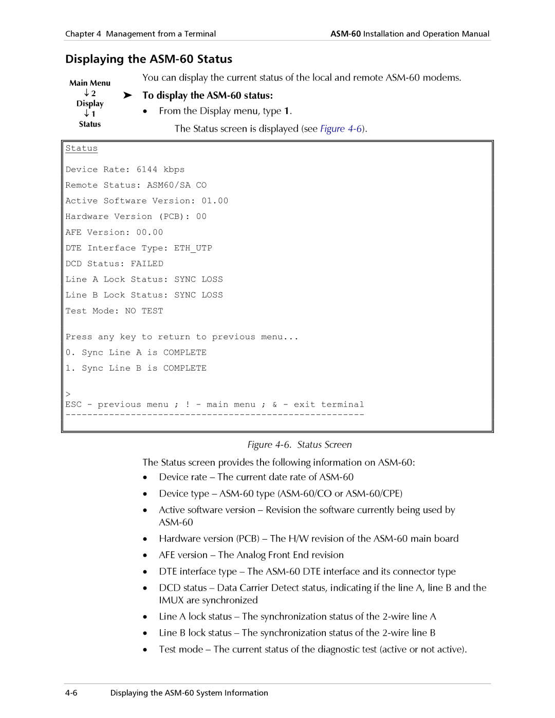 RAD Data comm operation manual Displaying the ASM-60 Status, To display the ASM-60 status 