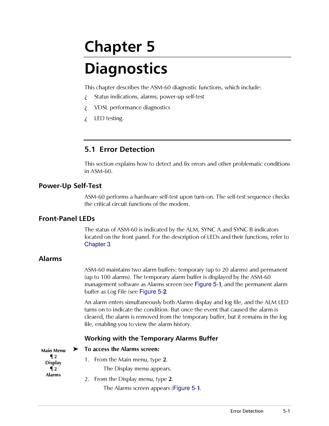 RAD Data comm ASM-60 operation manual Chapter Diagnostics, Error Detection, Power-Up Self-Test, Front-Panel LEDs, Alarms 