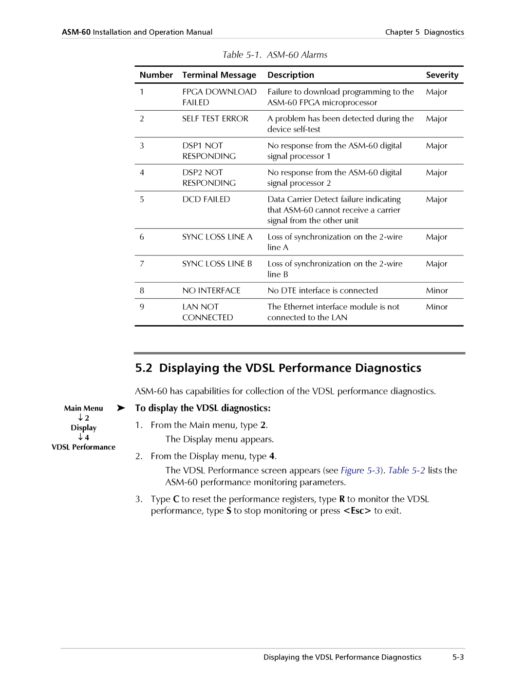 RAD Data comm Displaying the Vdsl Performance Diagnostics, ASM-60 Alarms, To display the Vdsl diagnostics 