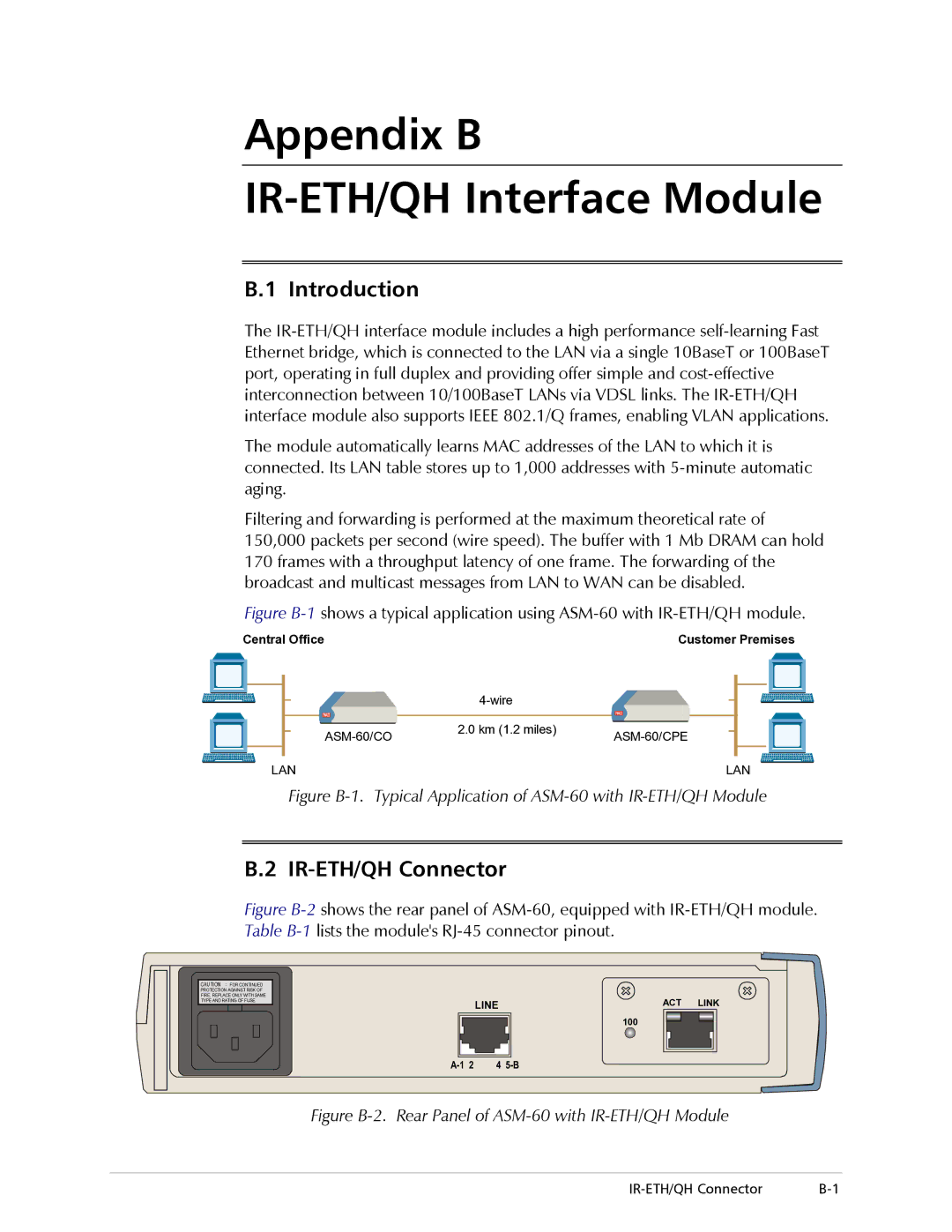 RAD Data comm ASM-60 operation manual Appendix B IR-ETH/QH Interface Module, Introduction, IR-ETH/QH Connector 