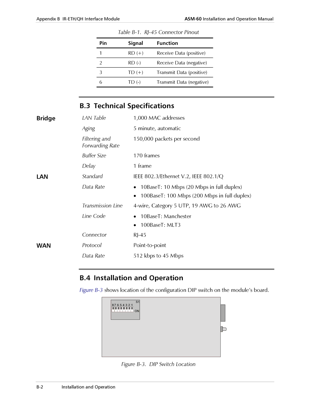 RAD Data comm ASM-60 operation manual Table B-1 RJ-45 Connector Pinout, Protocol Point-to-point Data Rate Kbps to 45 Mbps 