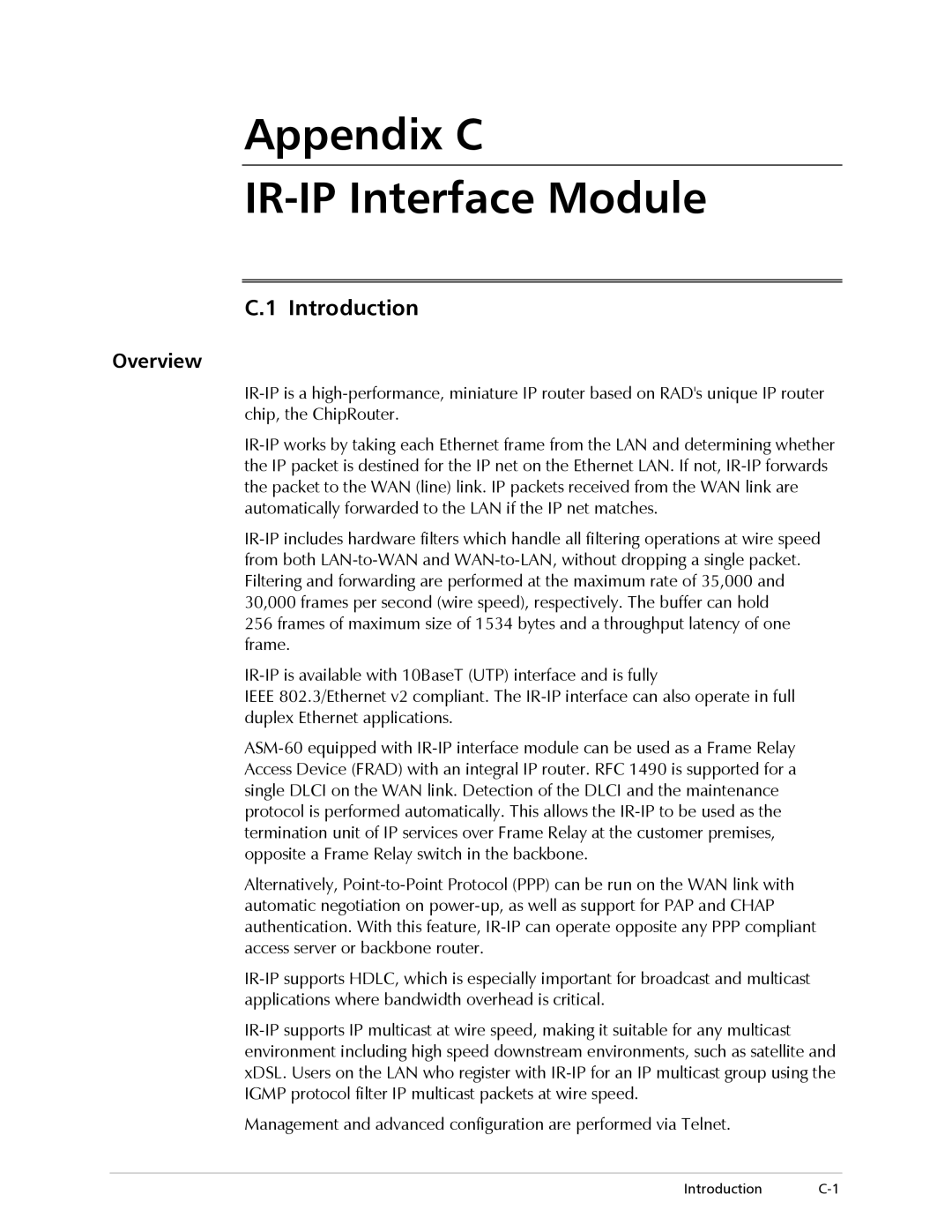 RAD Data comm ASM-60 operation manual Appendix C IR-IP Interface Module, Overview 