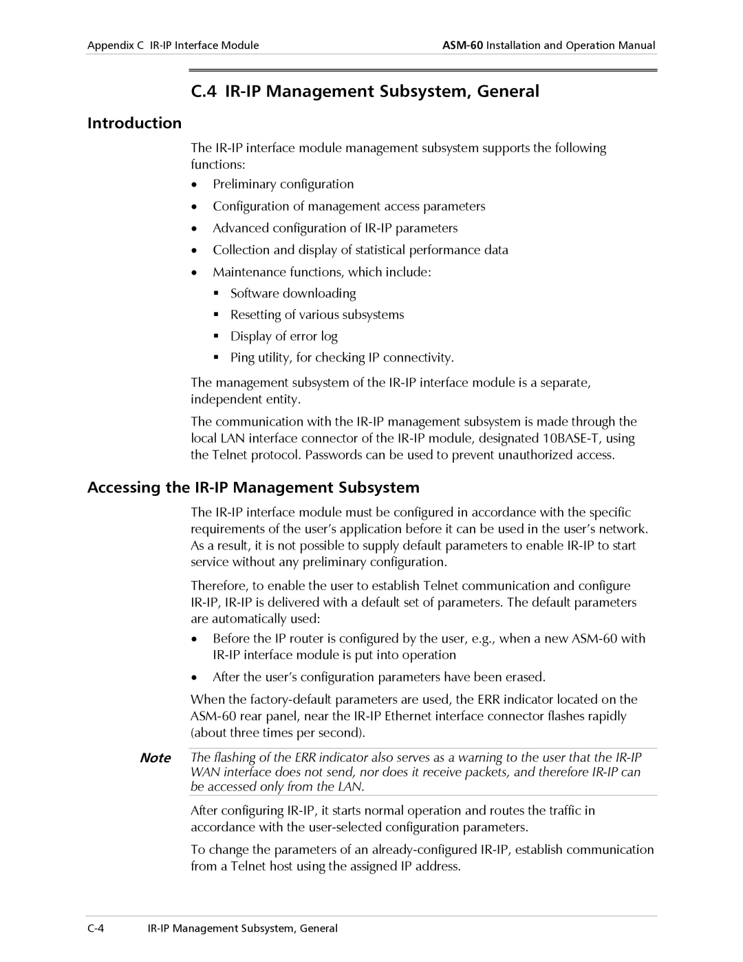 RAD Data comm ASM-60 IR-IP Management Subsystem, General, Introduction, Accessing the IR-IP Management Subsystem 