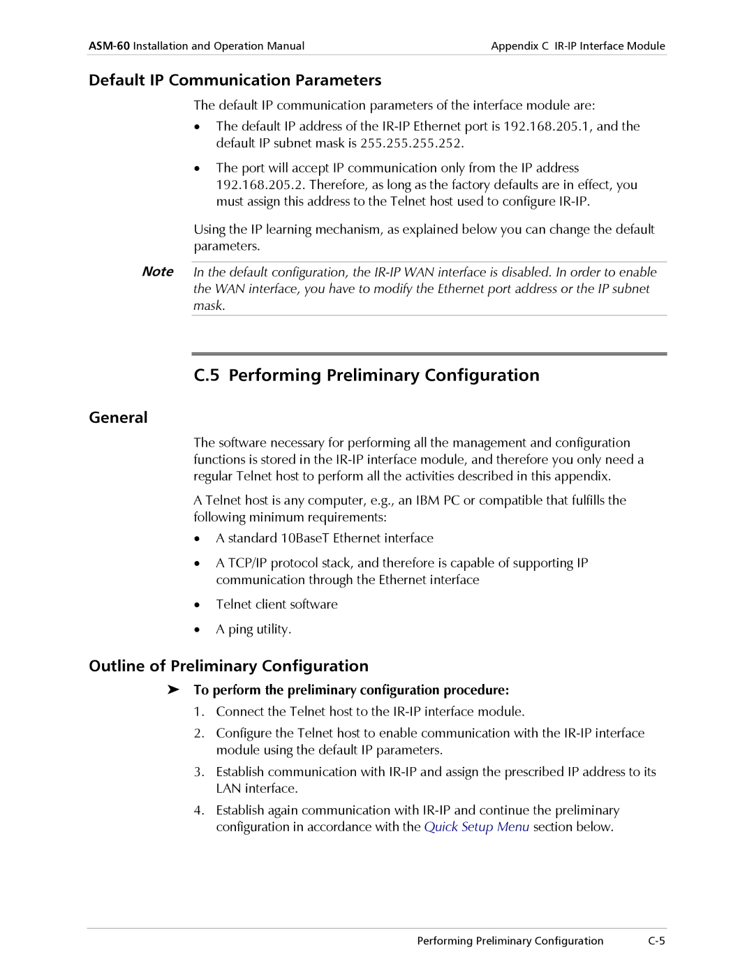 RAD Data comm ASM-60 operation manual Performing Preliminary Configuration, Default IP Communication Parameters, General 