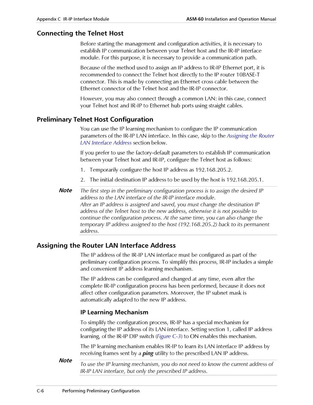 RAD Data comm ASM-60 Connecting the Telnet Host, Preliminary Telnet Host Configuration, IP Learning Mechanism 