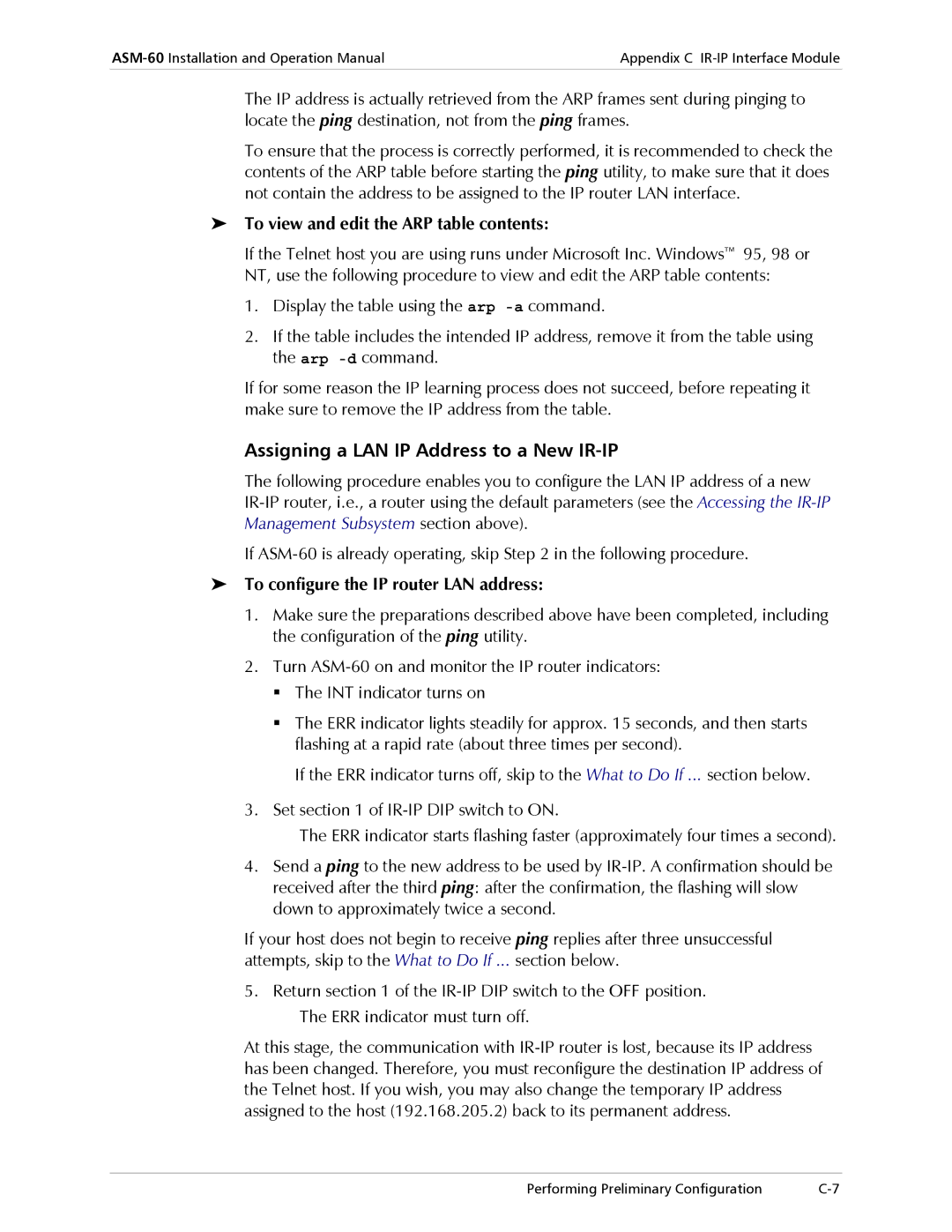 RAD Data comm ASM-60 operation manual Assigning a LAN IP Address to a New IR-IP, To view and edit the ARP table contents 