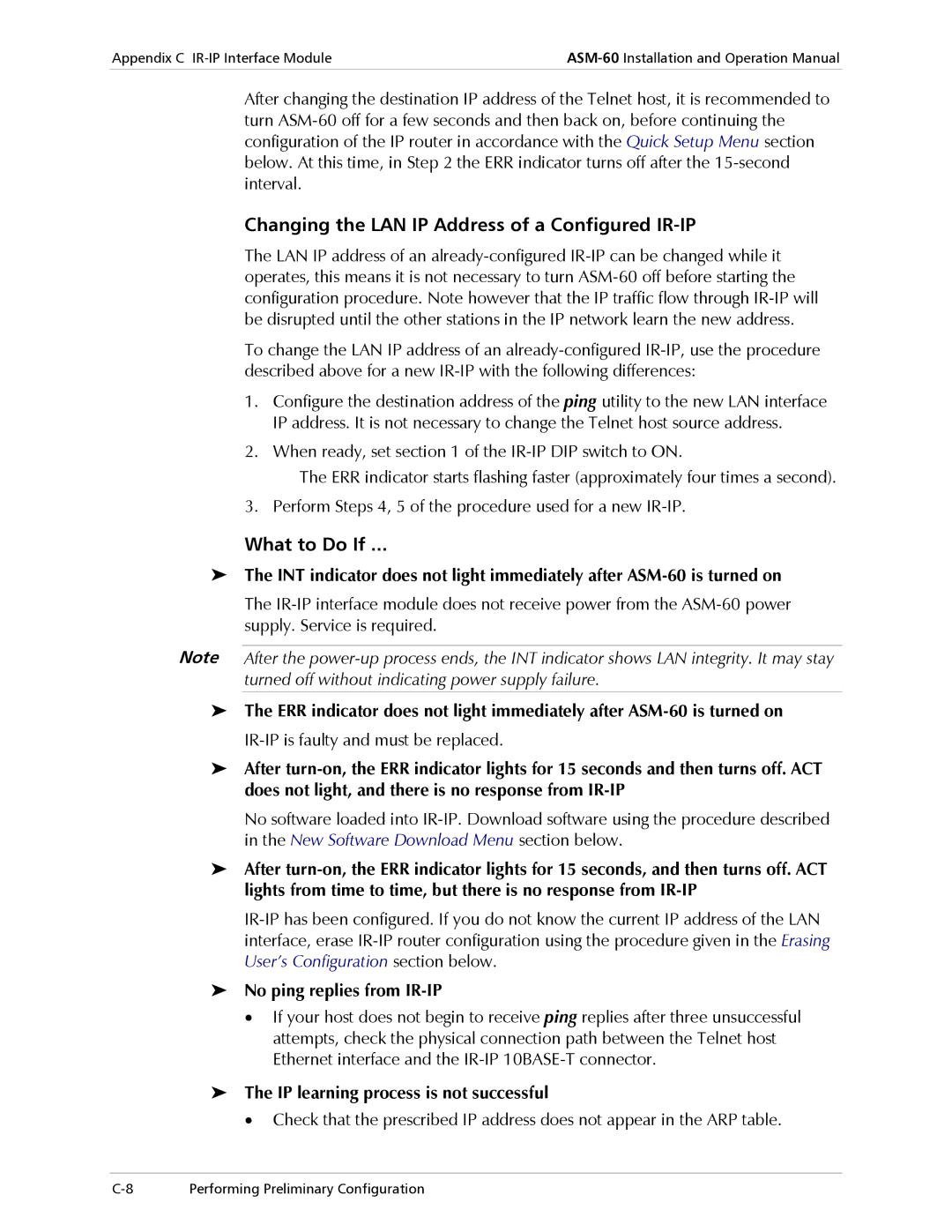 RAD Data comm ASM-60 Changing the LAN IP Address of a Configured IR-IP, What to Do If, No ping replies from IR-IP 