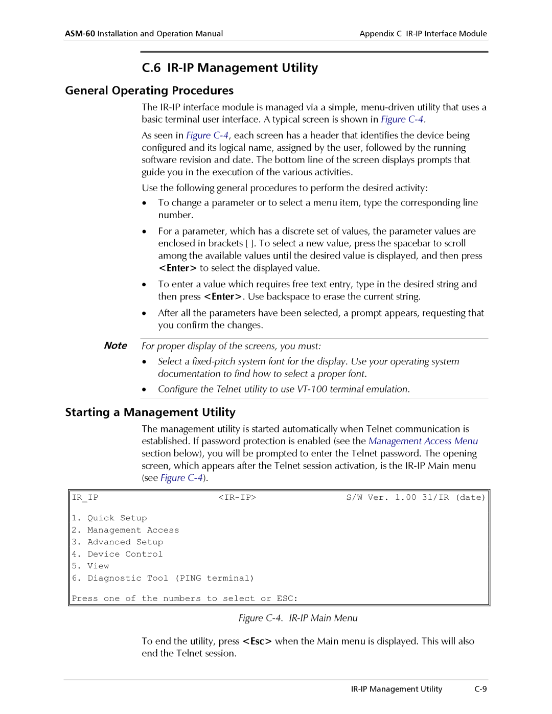 RAD Data comm ASM-60 operation manual IR-IP Management Utility, General Operating Procedures, Starting a Management Utility 