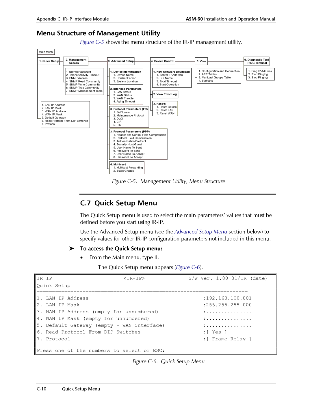 RAD Data comm ASM-60 Quick Setup Menu, Menu Structure of Management Utility, To access the Quick Setup menu 