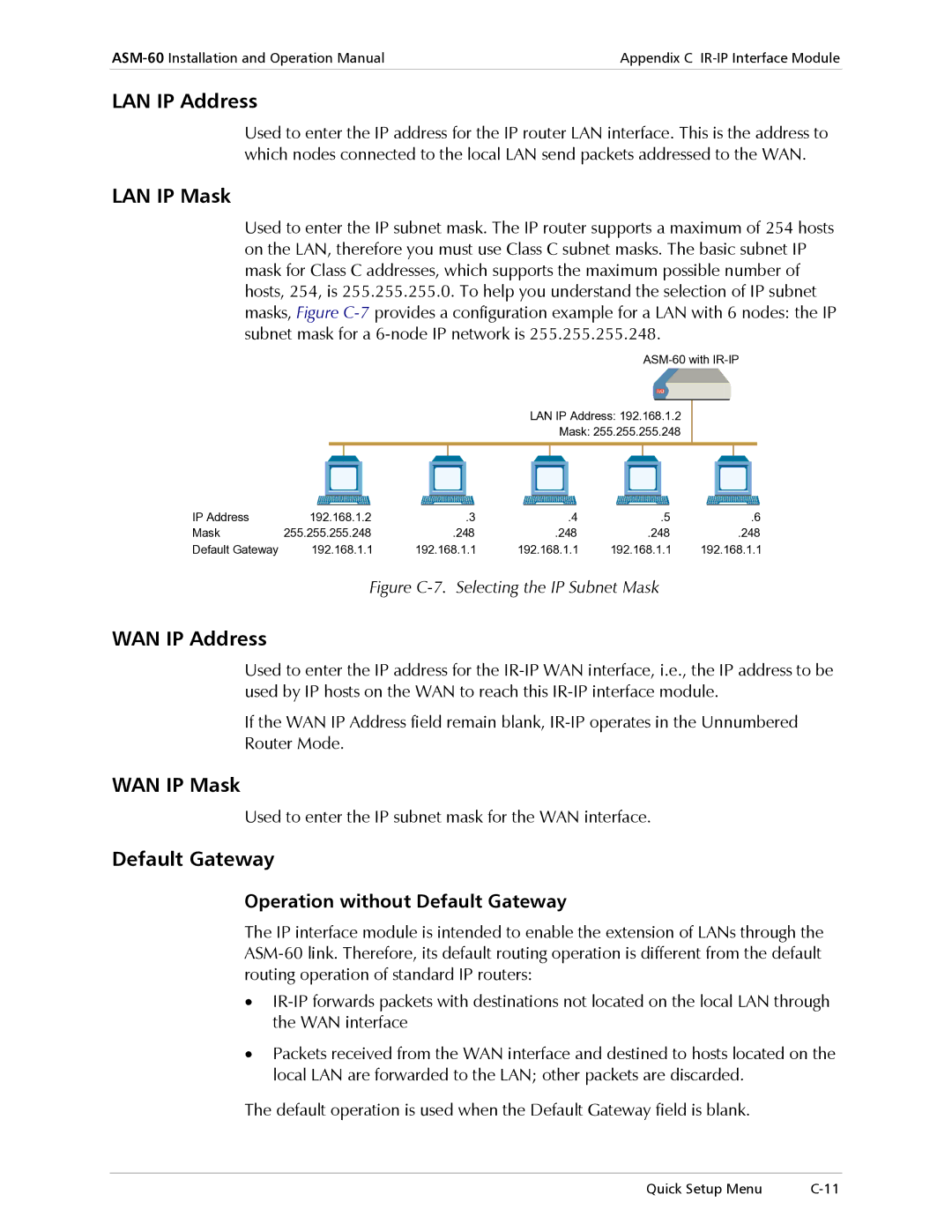 RAD Data comm ASM-60 operation manual LAN IP Address, LAN IP Mask, WAN IP Address, WAN IP Mask, Default Gateway 