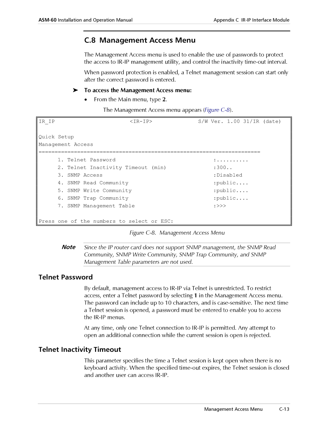 RAD Data comm ASM-60 operation manual Management Access Menu, Telnet Password, Telnet Inactivity Timeout 