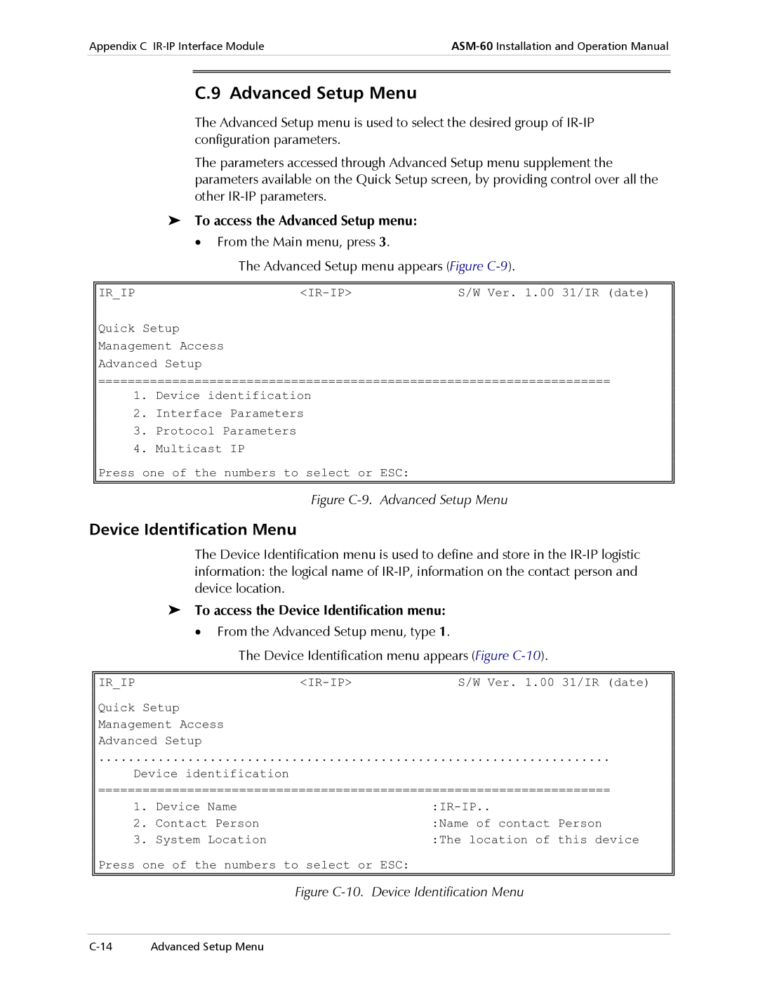 RAD Data comm ASM-60 operation manual Advanced Setup Menu, Device Identification Menu, To access the Advanced Setup menu 