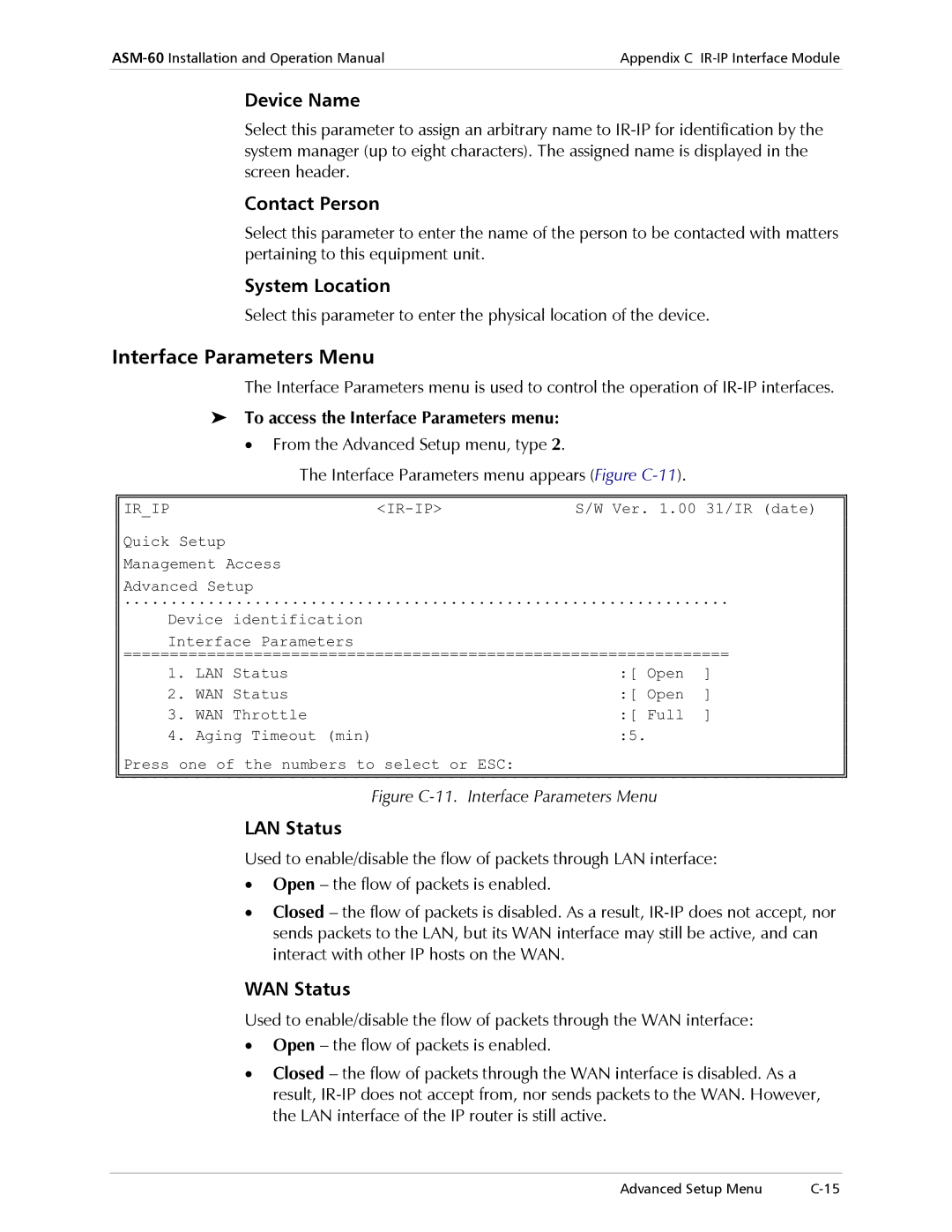 RAD Data comm ASM-60 operation manual Interface Parameters Menu 