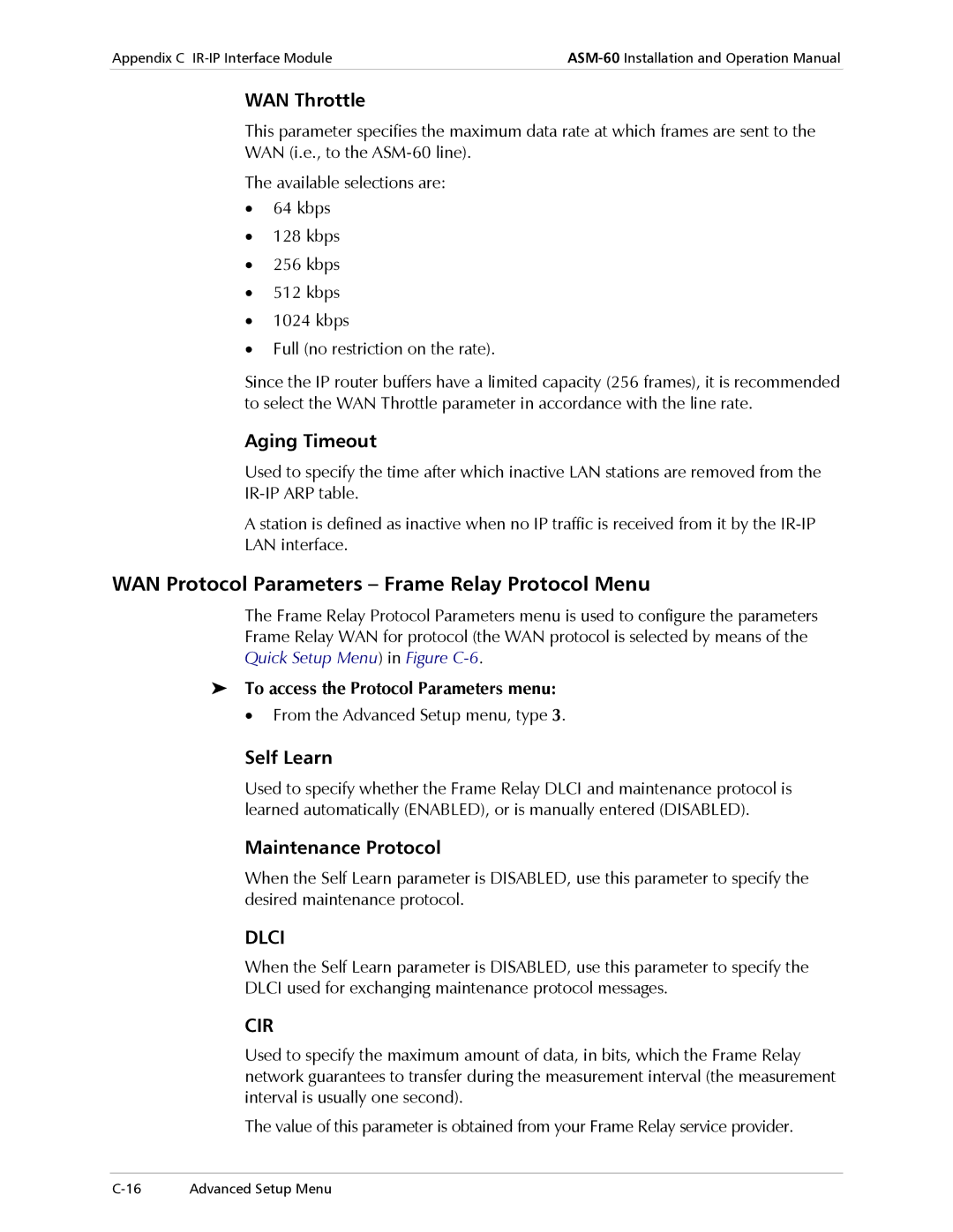 RAD Data comm ASM-60 WAN Protocol Parameters Frame Relay Protocol Menu, WAN Throttle, Aging Timeout, Self Learn 