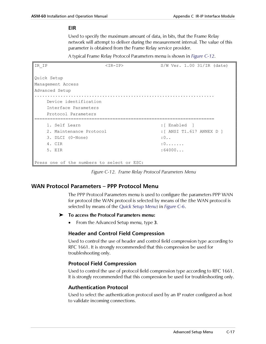 RAD Data comm ASM-60 operation manual WAN Protocol Parameters PPP Protocol Menu, Header and Control Field Compression 