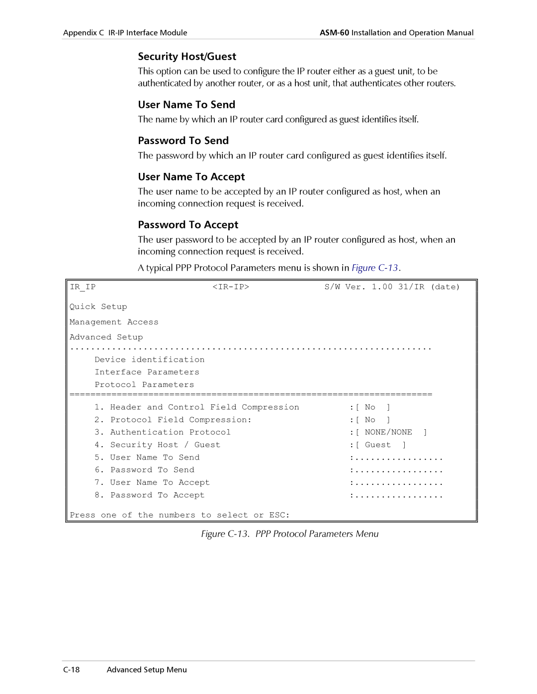 RAD Data comm ASM-60 Security Host/Guest, User Name To Send, Password To Send, User Name To Accept, Password To Accept 