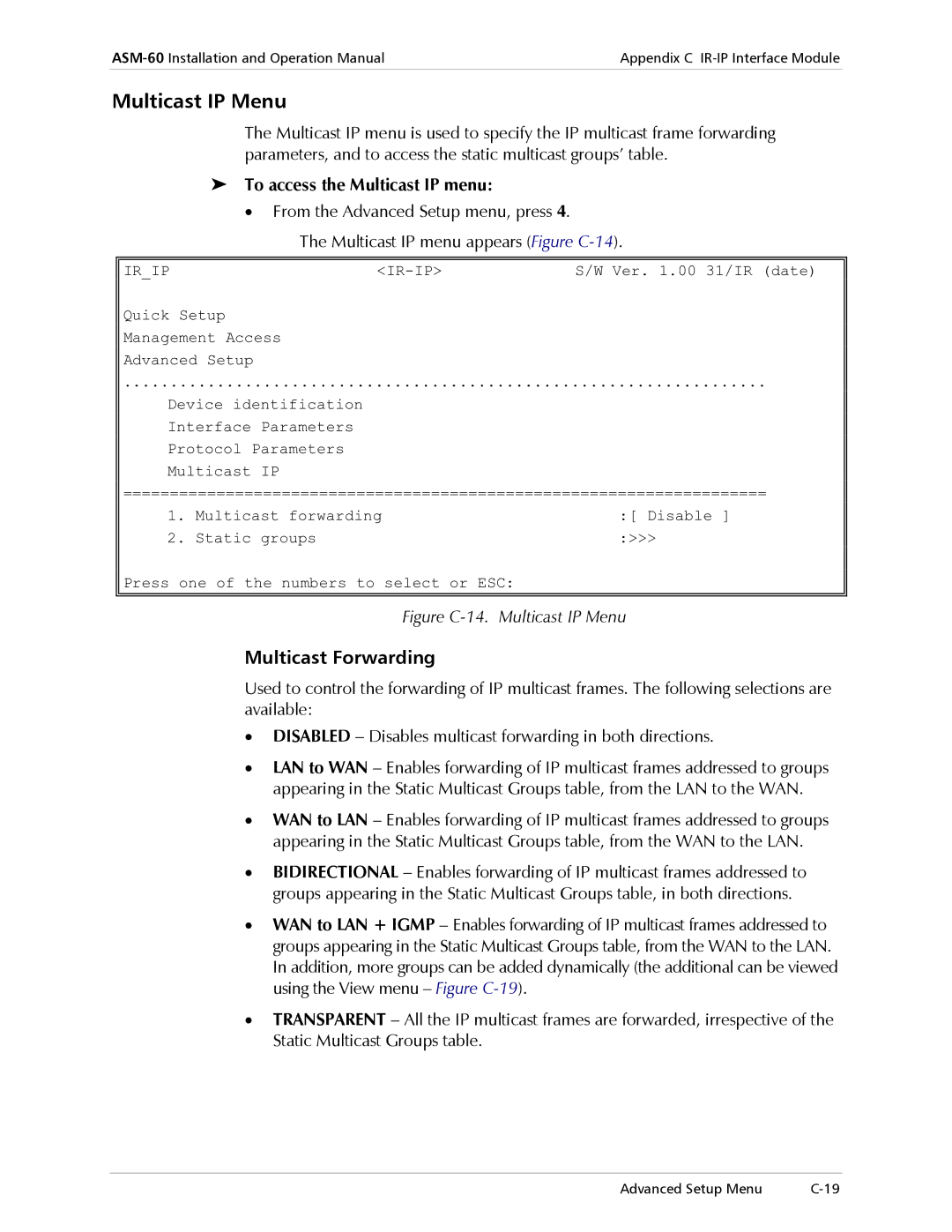 RAD Data comm ASM-60 operation manual Multicast IP Menu, Multicast Forwarding, To access the Multicast IP menu 