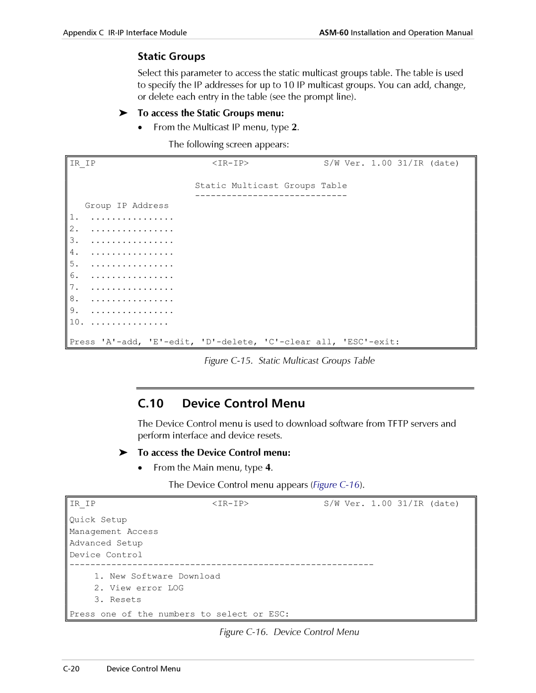 RAD Data comm ASM-60 Device Control Menu, To access the Static Groups menu, To access the Device Control menu 