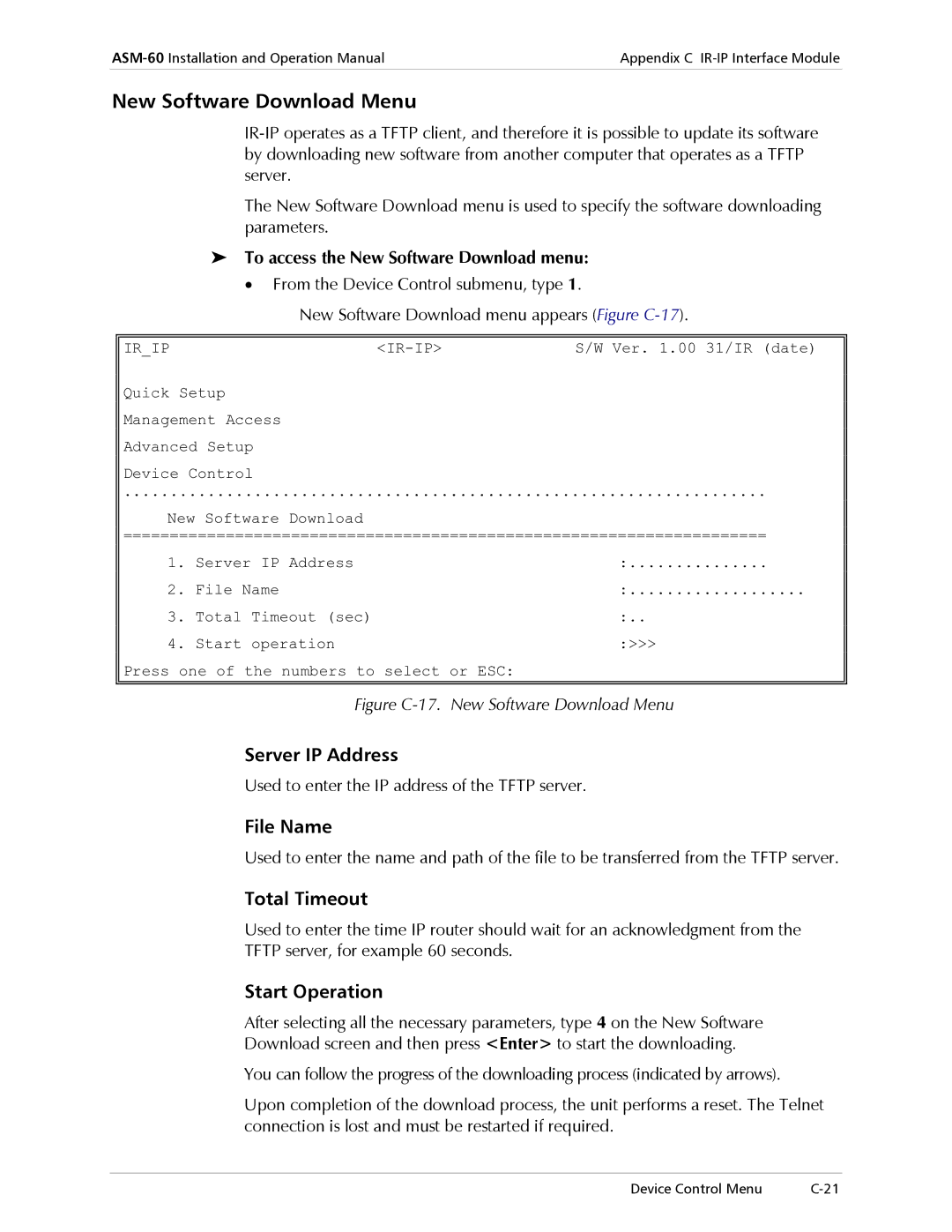 RAD Data comm ASM-60 New Software Download Menu, Server IP Address, File Name, Total Timeout, Start Operation 