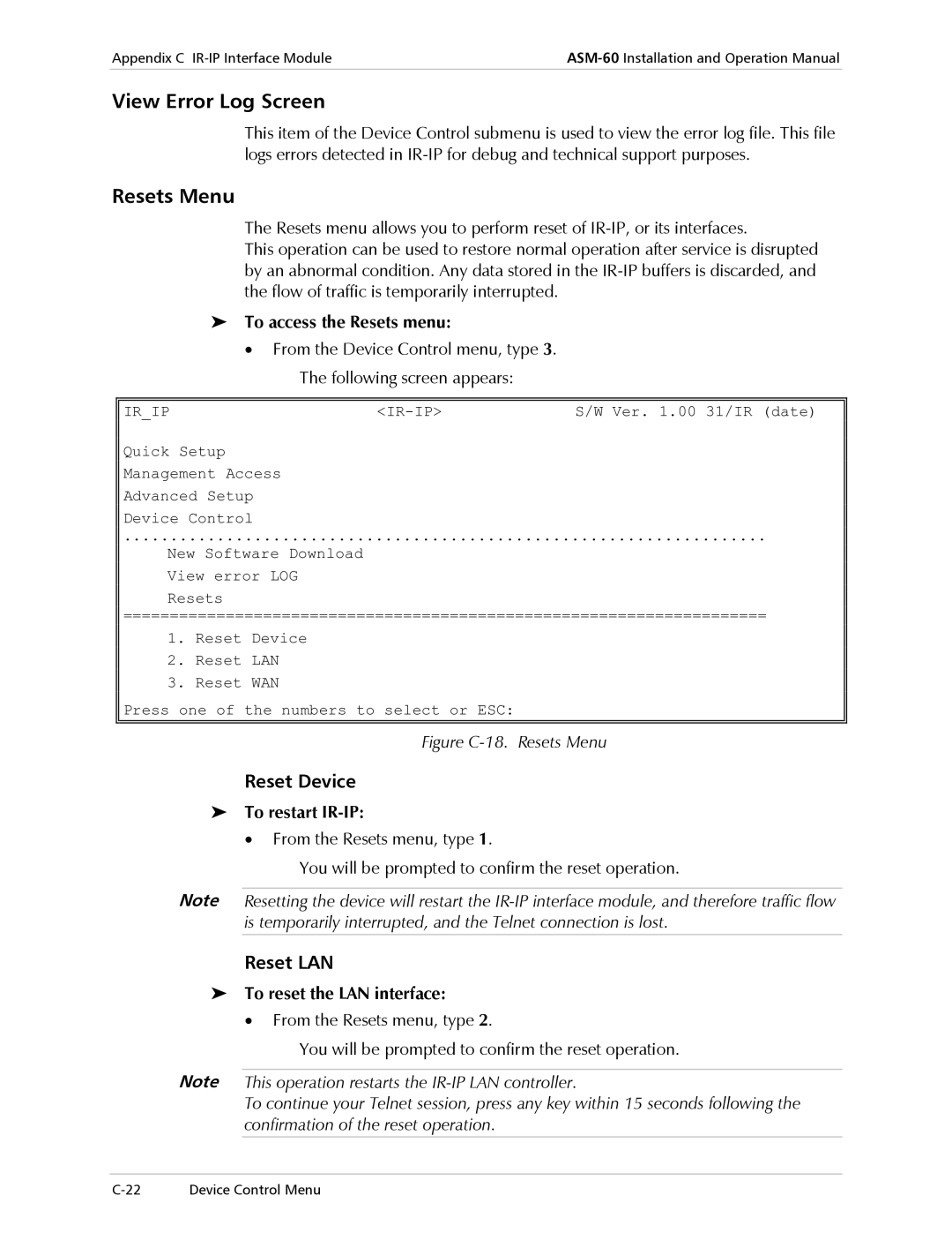 RAD Data comm ASM-60 operation manual View Error Log Screen, Resets Menu, Reset Device, Reset LAN 