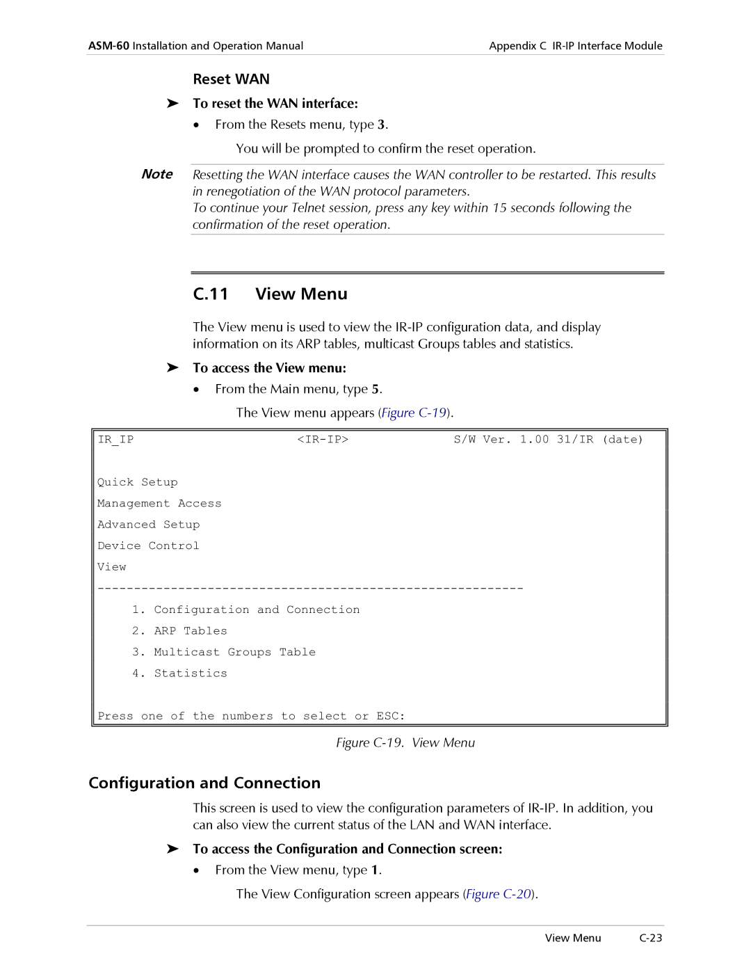 RAD Data comm ASM-60 operation manual View Menu, Configuration and Connection, Reset WAN 