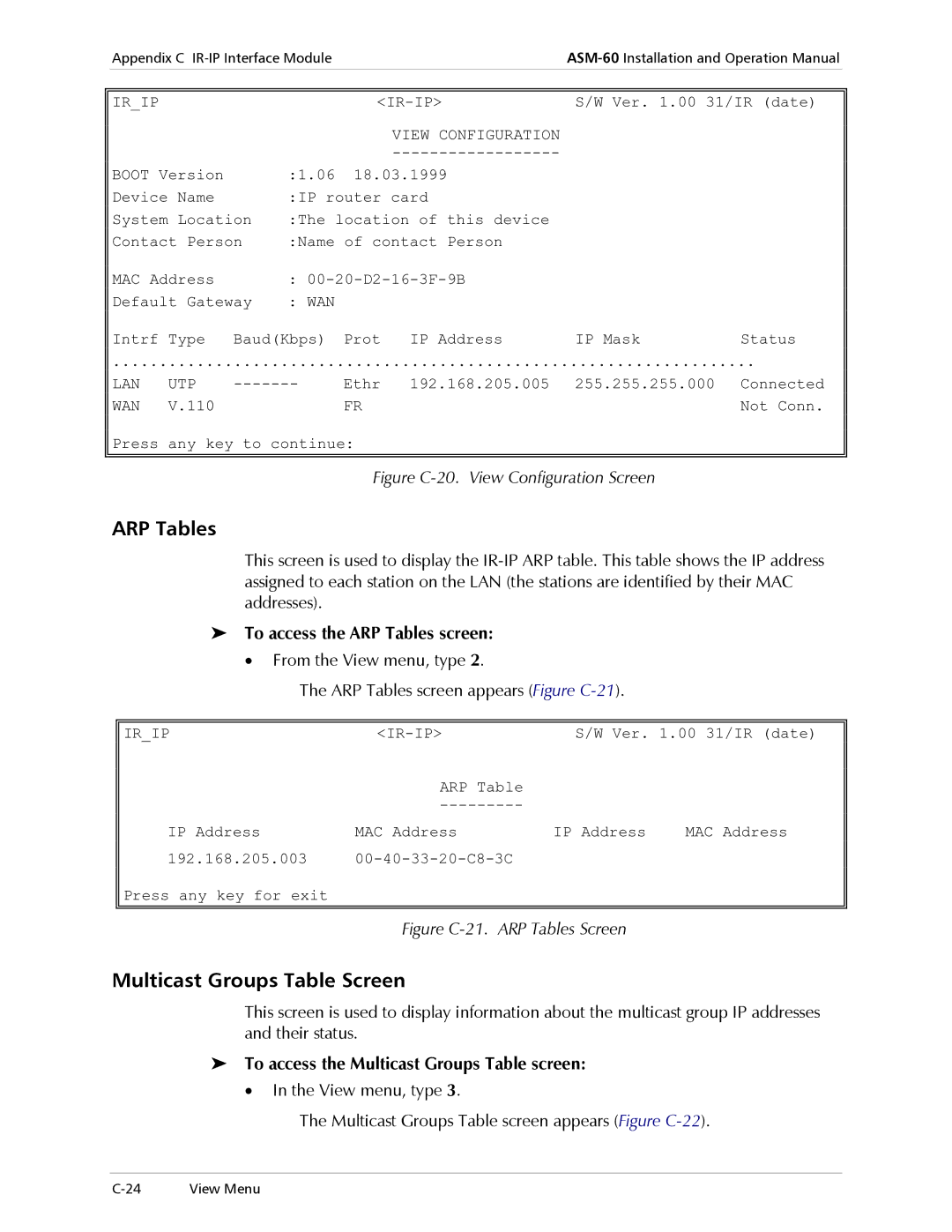 RAD Data comm ASM-60 operation manual Multicast Groups Table Screen, To access the ARP Tables screen 