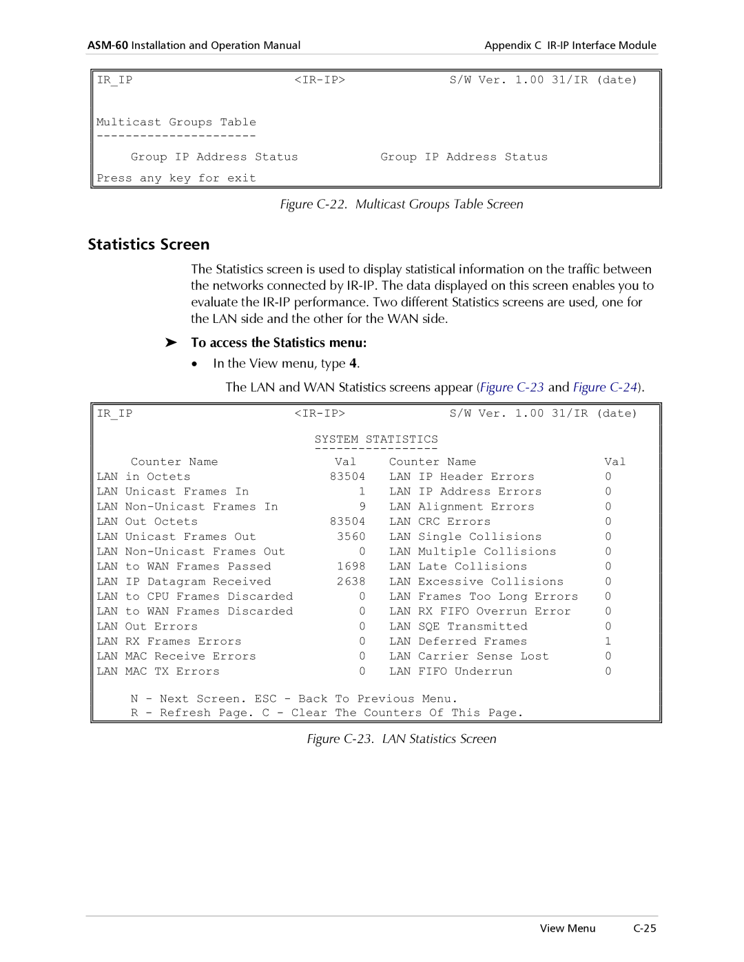 RAD Data comm ASM-60 operation manual Statistics Screen, To access the Statistics menu 