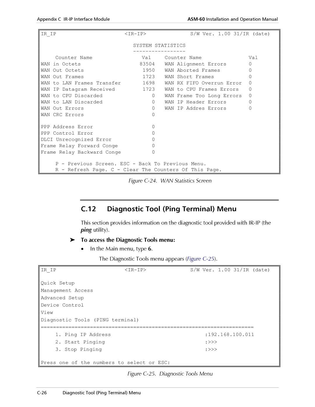 RAD Data comm ASM-60 operation manual Diagnostic Tool Ping Terminal Menu, To access the Diagnostic Tools menu 