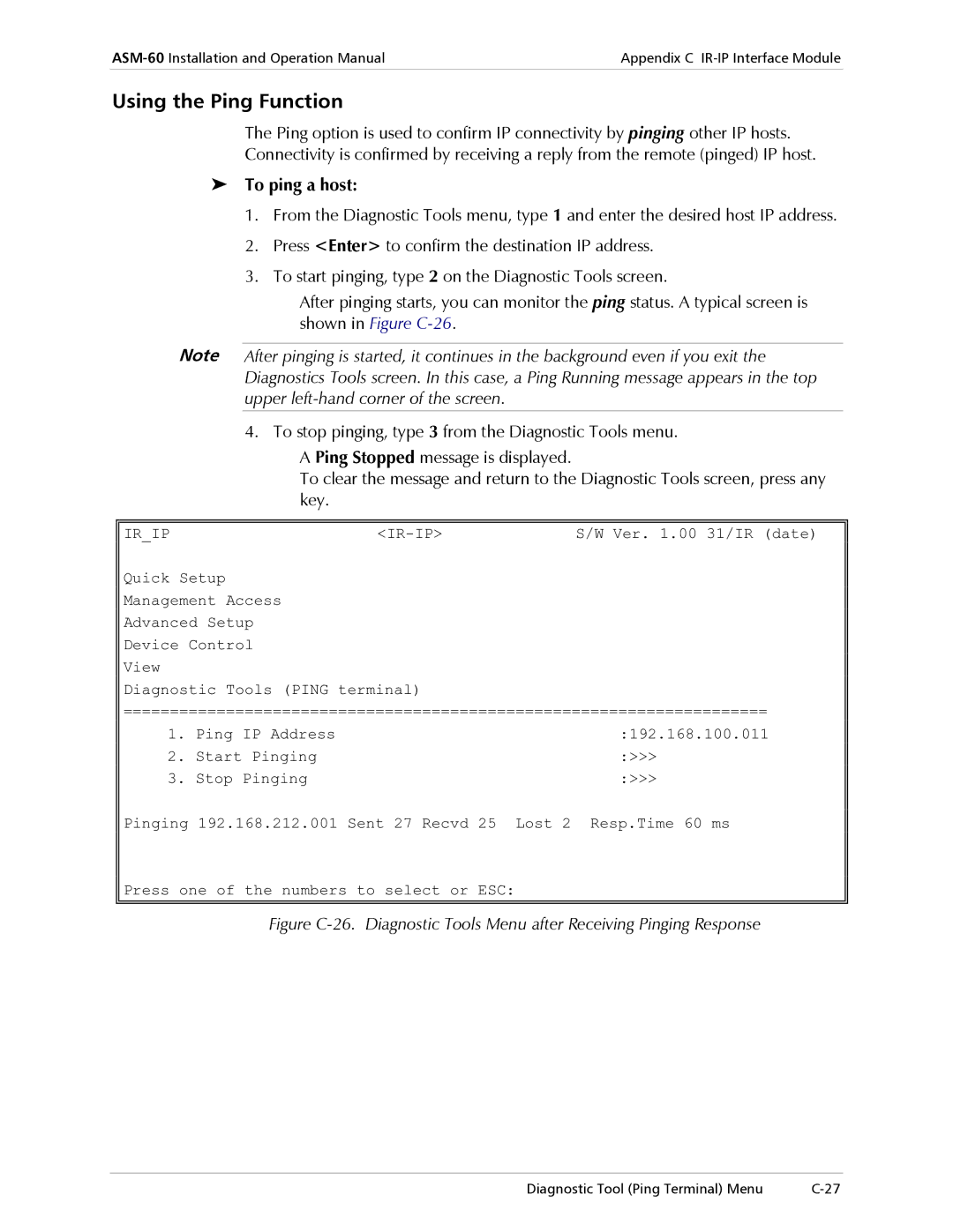 RAD Data comm ASM-60 operation manual Using the Ping Function, To ping a host 