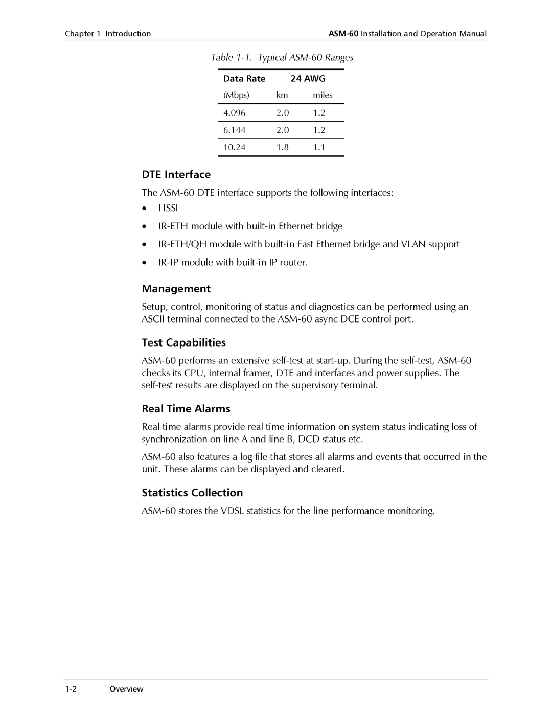 RAD Data comm ASM-60 operation manual DTE Interface, Management, Test Capabilities, Real Time Alarms, Statistics Collection 