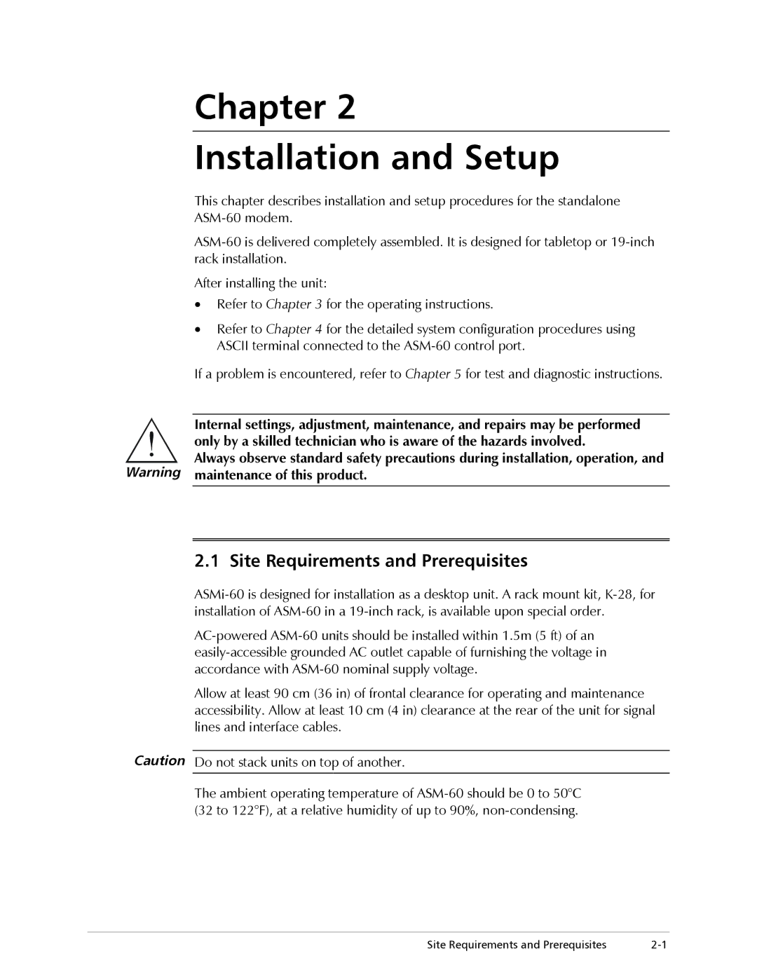 RAD Data comm ASM-60 operation manual Chapter Installation and Setup, Site Requirements and Prerequisites 