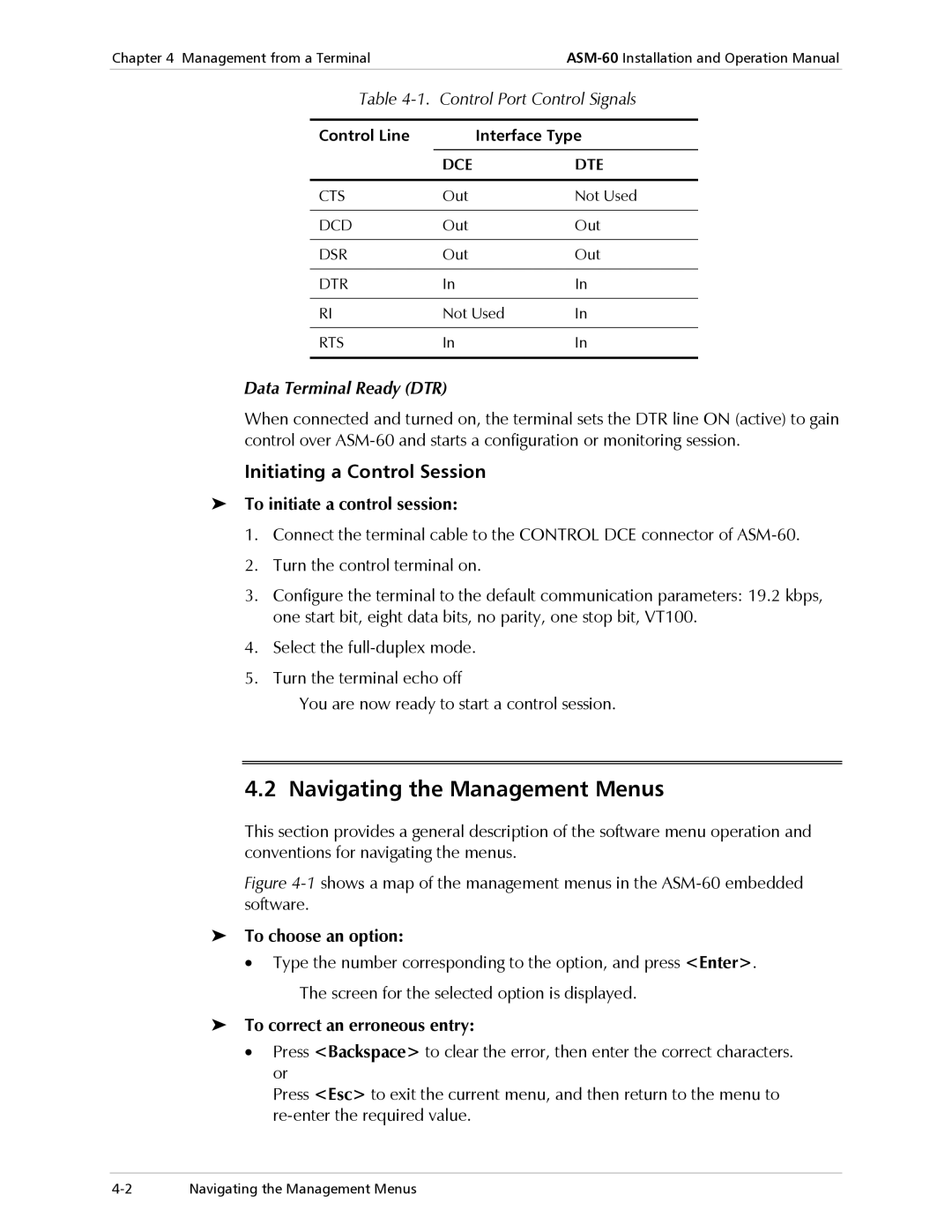 RAD Data comm ASM-60 Navigating the Management Menus, Initiating a Control Session, To initiate a control session 