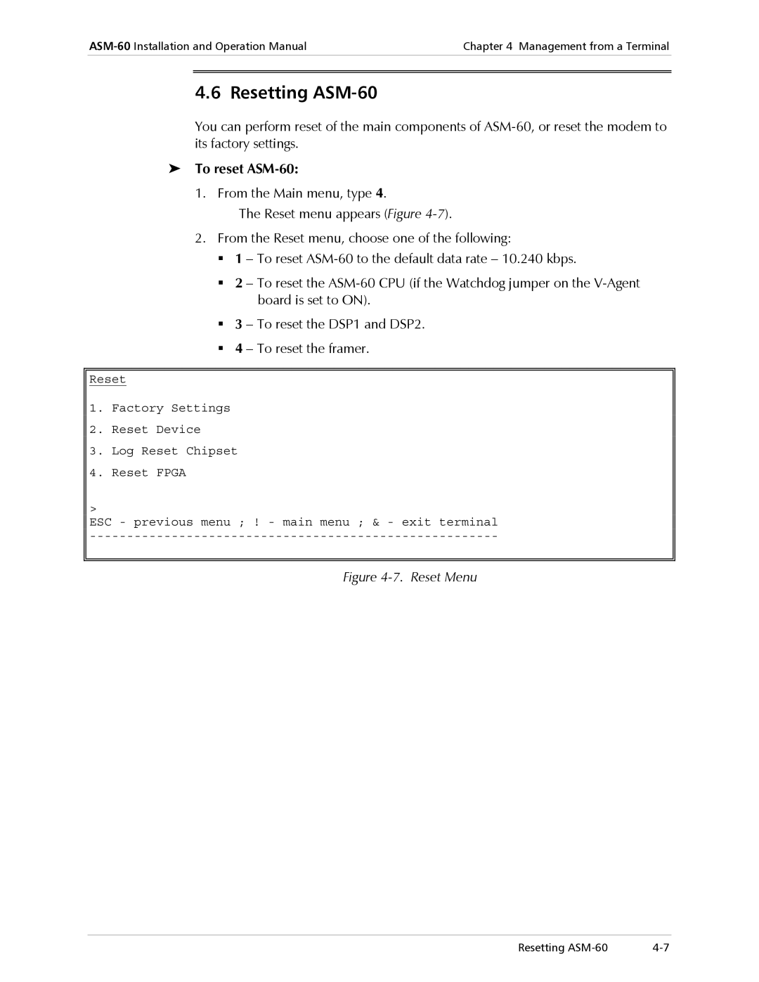 RAD Data comm operation manual Resetting ASM-60, To reset ASM-60 