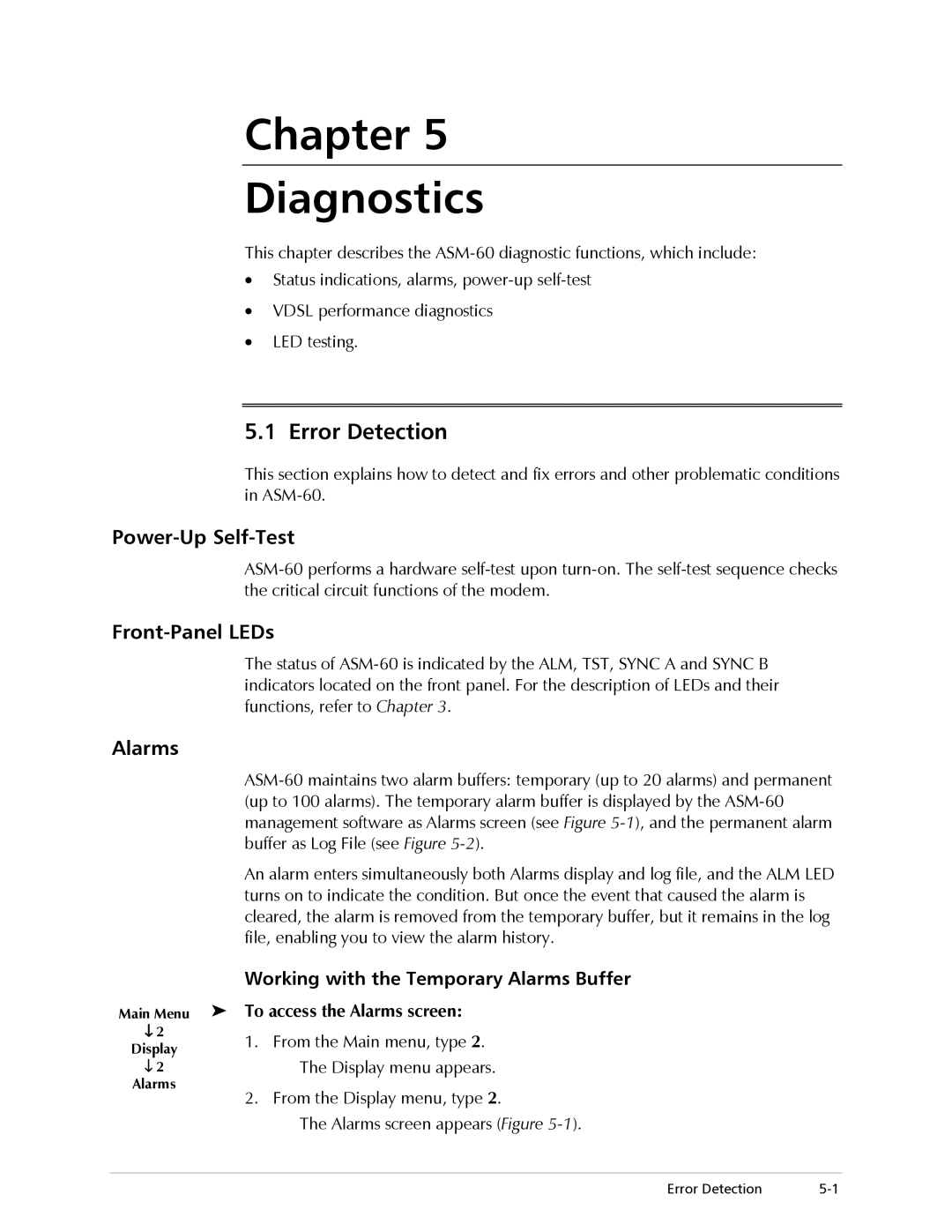 RAD Data comm ASM-60 operation manual Chapter Diagnostics, Error Detection, Power-Up Self-Test, Front-Panel LEDs, Alarms 