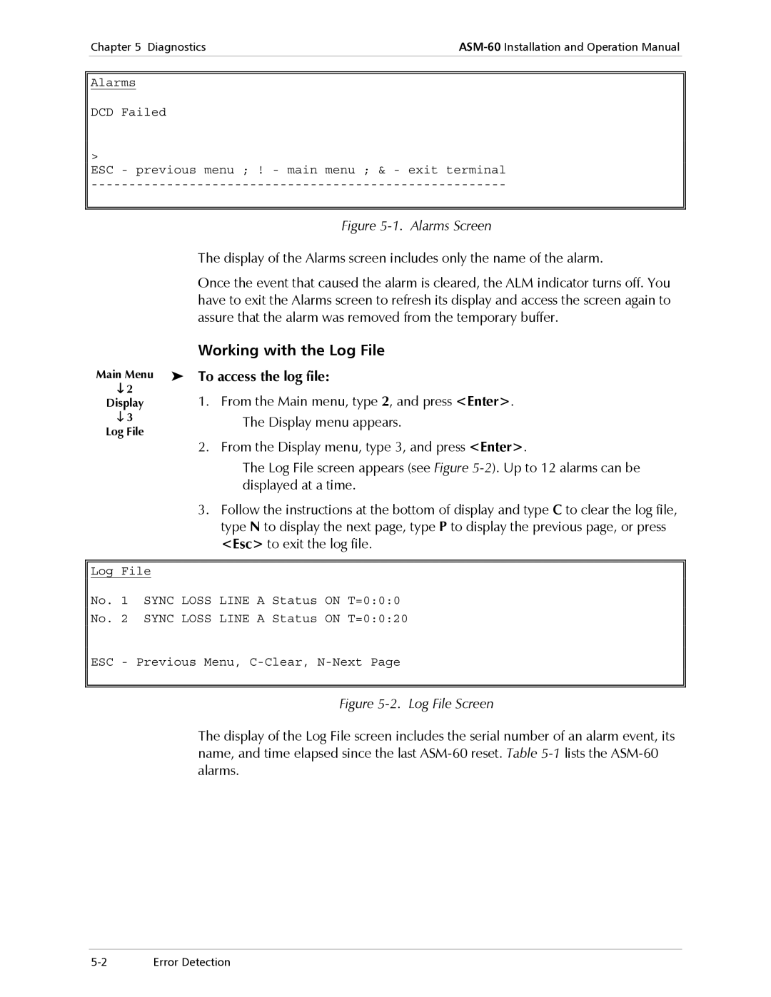 RAD Data comm ASM-60 operation manual Working with the Log File, To access the log file 