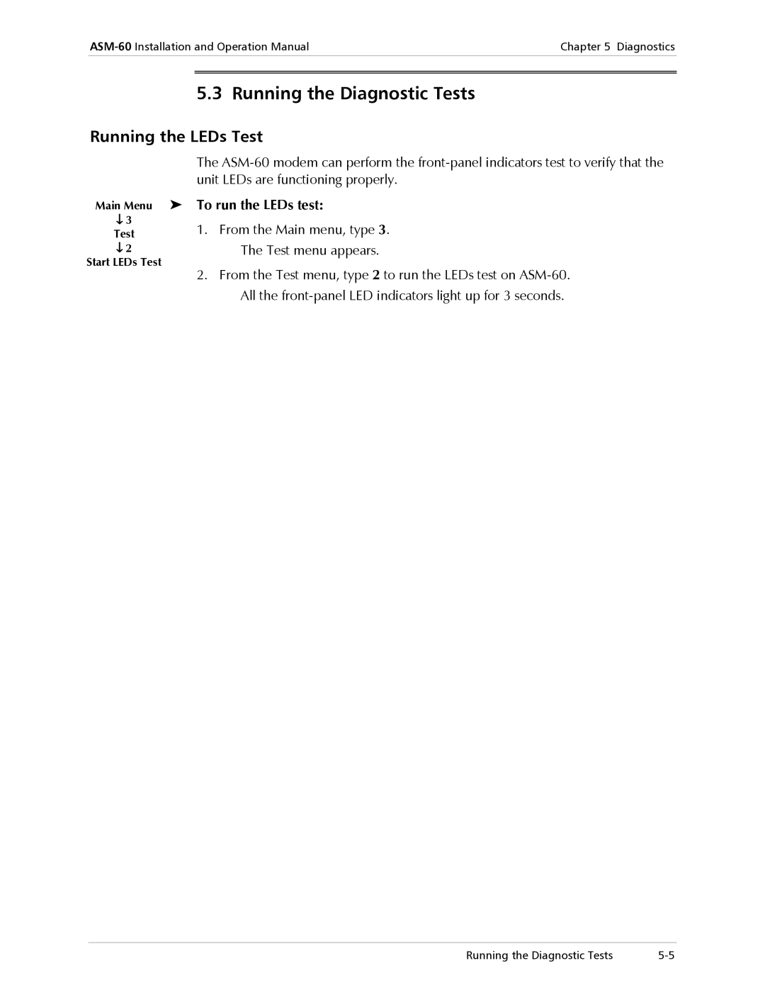 RAD Data comm ASM-60 operation manual Running the Diagnostic Tests, Running the LEDs Test, To run the LEDs test 